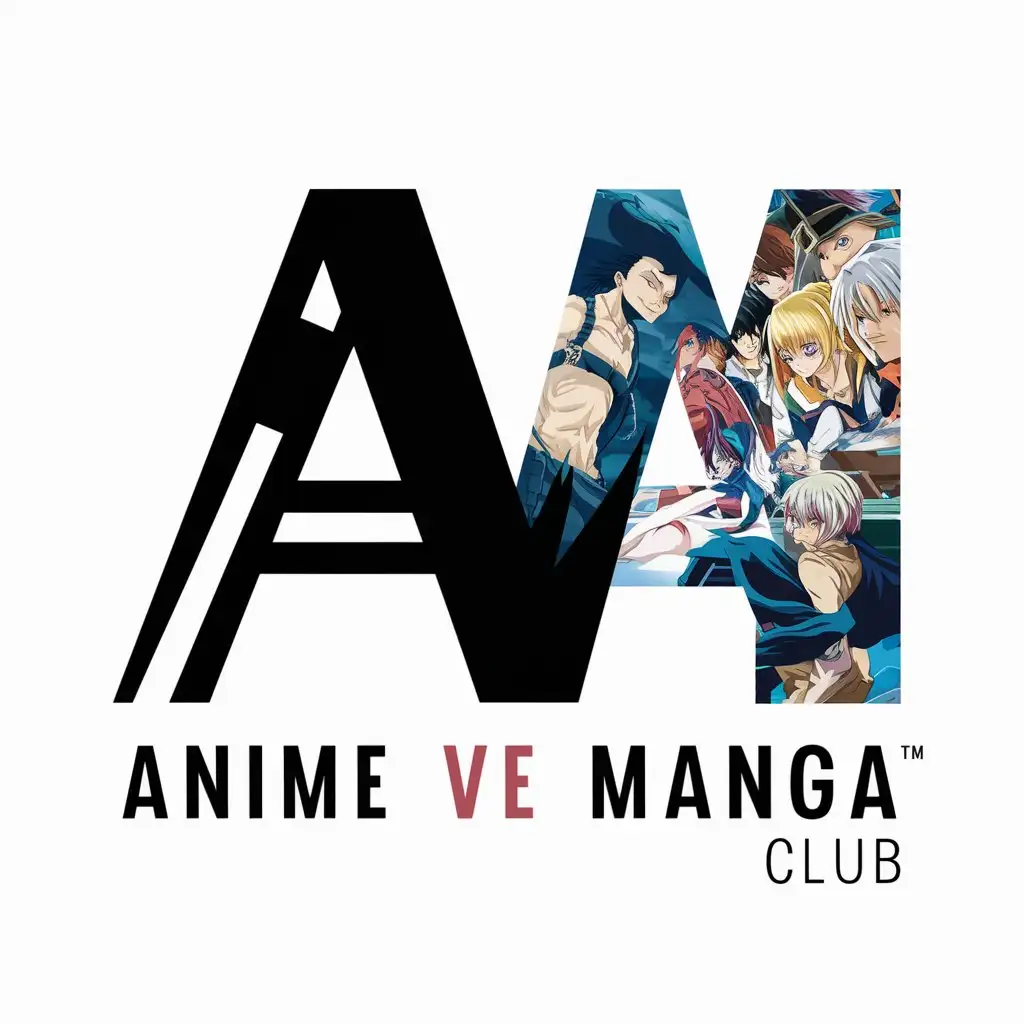 I want to create a logo in the name of Anime Ve Manga club, I want to create a logo in the logo, the letter A should be big, the letter v should be small, the letter M should be big, and there should be one anime vector on the right side of the logo.