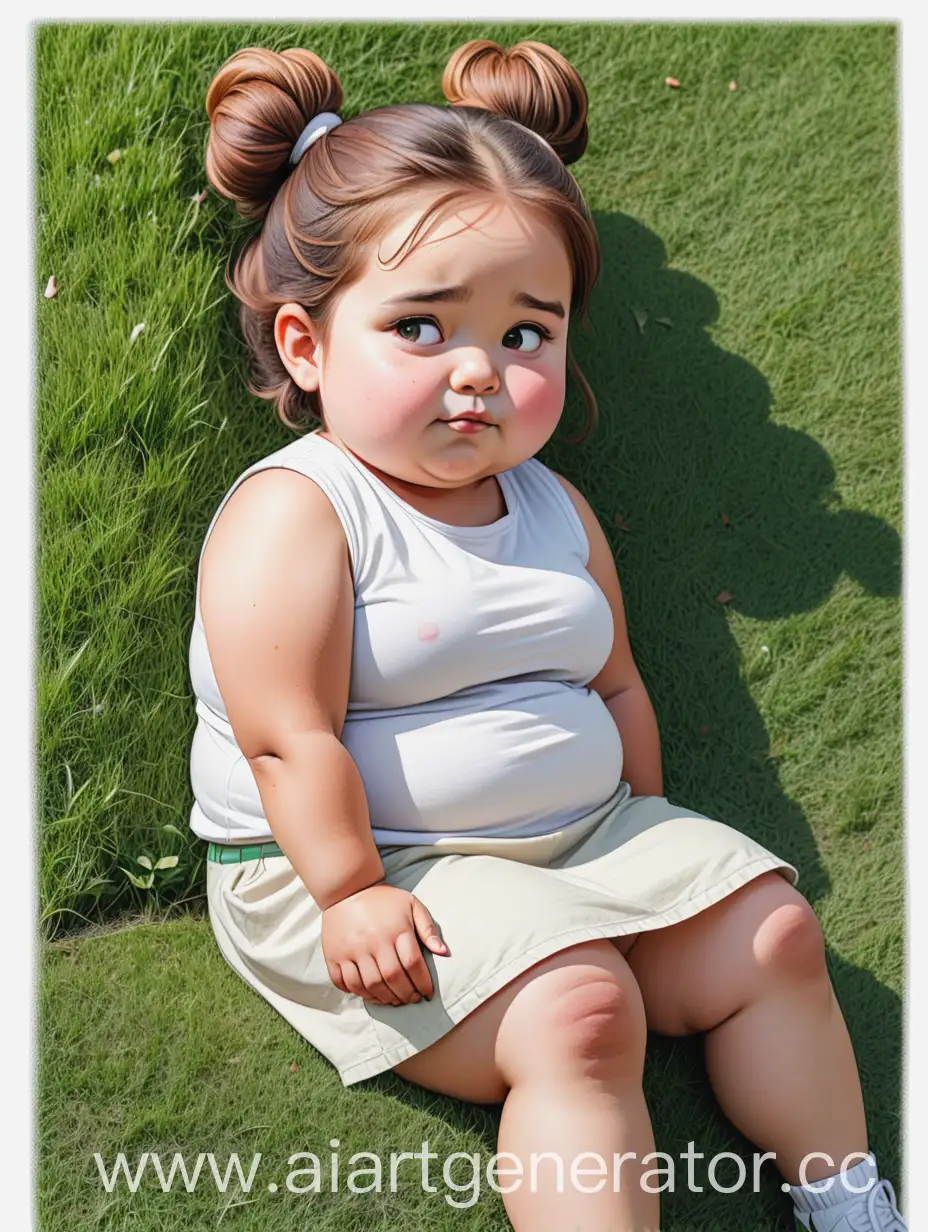 Chubby-Toddler-Girl-with-Bun-Head-Lying-on-Grass-Comic-Doodle