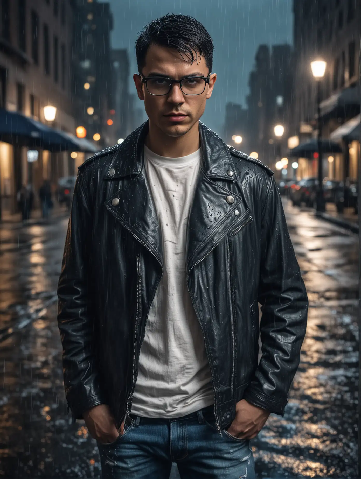 Create a professional portrait-style photograph of a man standing in the rainy streets of Gotham City at night. He should have short black hair with a buzz cut, wearing a leather jacket, a white t-shirt, and blue jeans. The man wears white clear glasses, exuding a mysterious vibe in the urban ambiance.