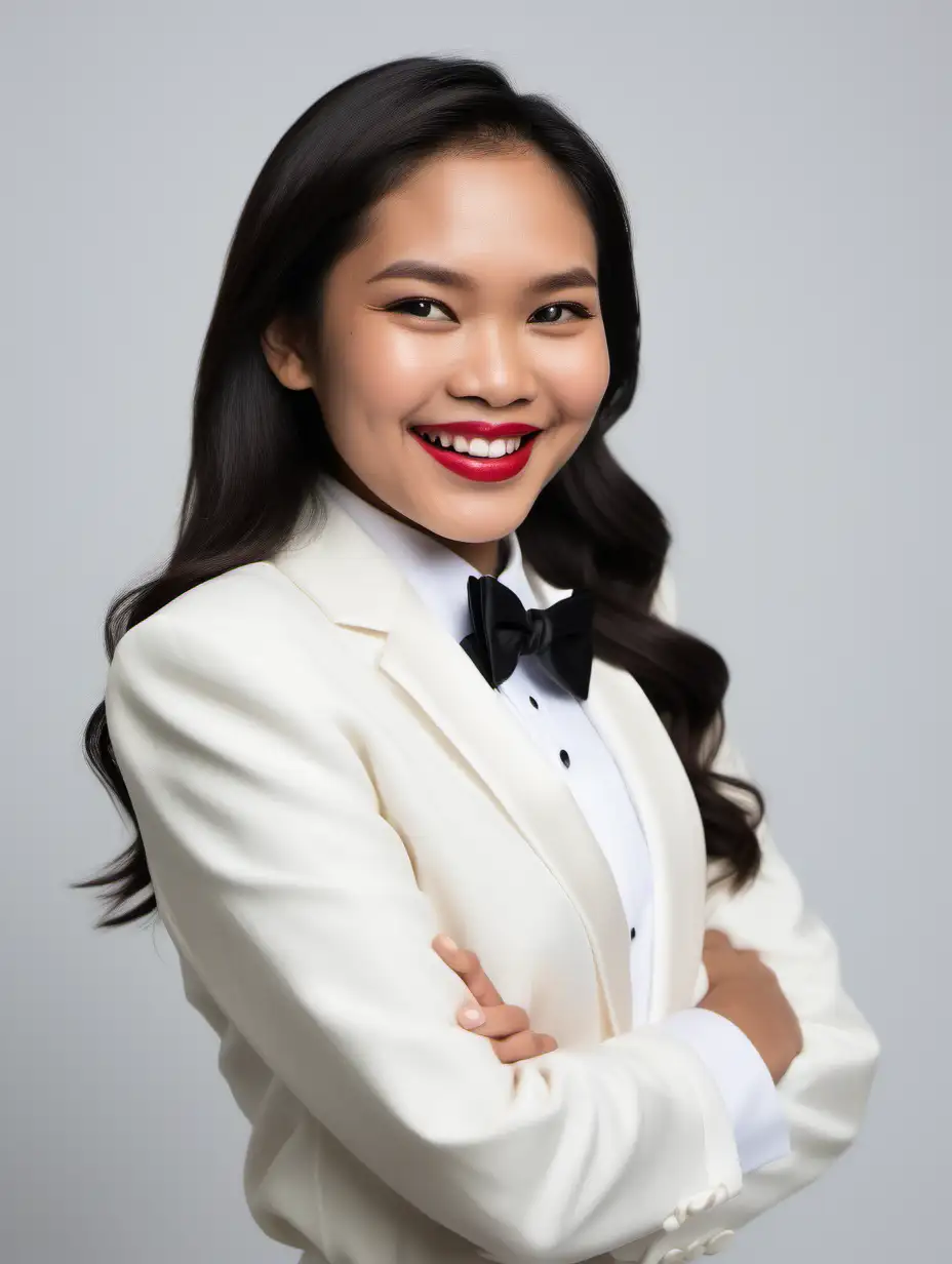 smiling and laughing Filipino woman with shoulder length hair and lipstick crossing her arms, wearing an ivory tuxedo, wearing a white shirt, wearing a black bow tie