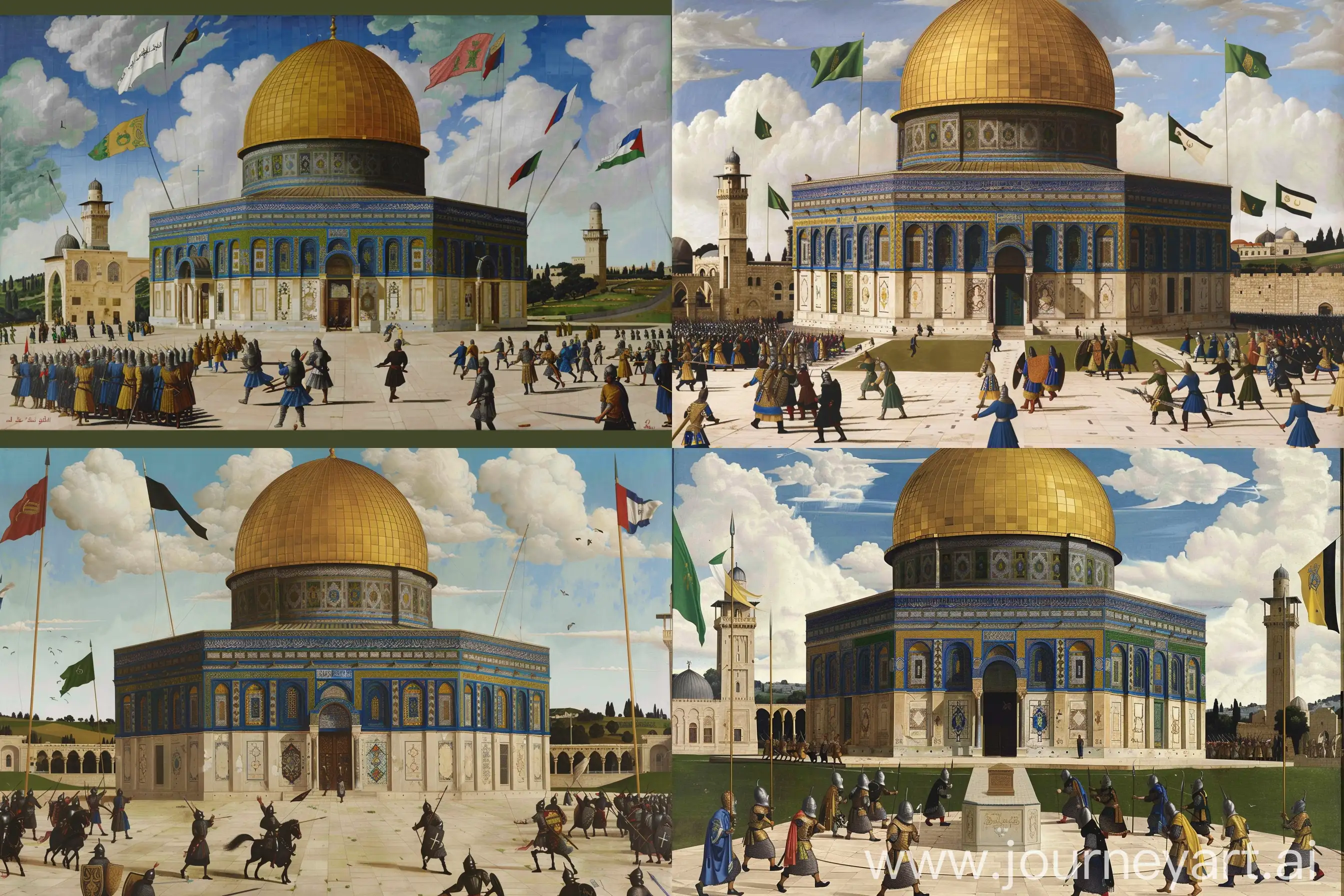 medieval Renaissance painting depicting a medieval battle scene between saracen knights and crusaders, in a lush green field, Al-aqsa mosque of Jerusalem at the center, masjid al-aqsa, cloudy sky, flags and knight banners, heraldic aesthetic --ar 6:4 --v 6 --sref https://cdn.discordapp.com/attachments/1209182749441654865/1247644078070566992/Raffaello_-_Spozalizio_-_Web_Gallery_of_Art.jpg?ex=66616f58&is=66601dd8&hm=476953bed1d1d14ea4d4401426997a6b5832802a906a7439c121236ef68b581e& --cref <https://cdn.discordapp.com/attachments/1213041174428782623/1247881003733614628/images_-_2024-06-05T172308.069.jpg?ex=6661a33f&is=666051bf&hm=d620e36438856c91679b0027c2b15792aacc0cf617e8f43acfe529758e6c60f4&> --cw 99 --sw 999 --q 1