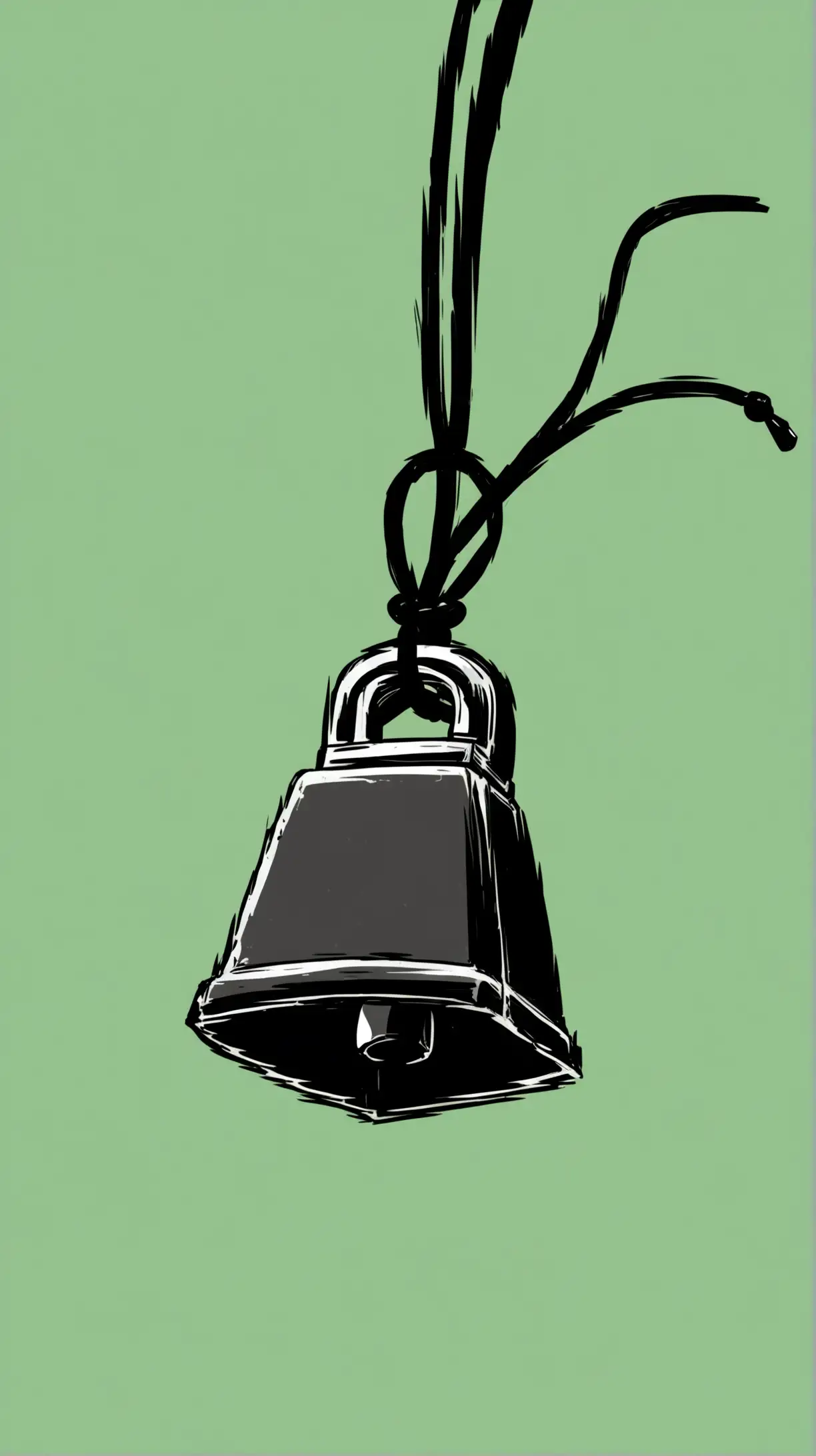 Comic book style. A single black cowbell  with a cord though it,, on a simple background