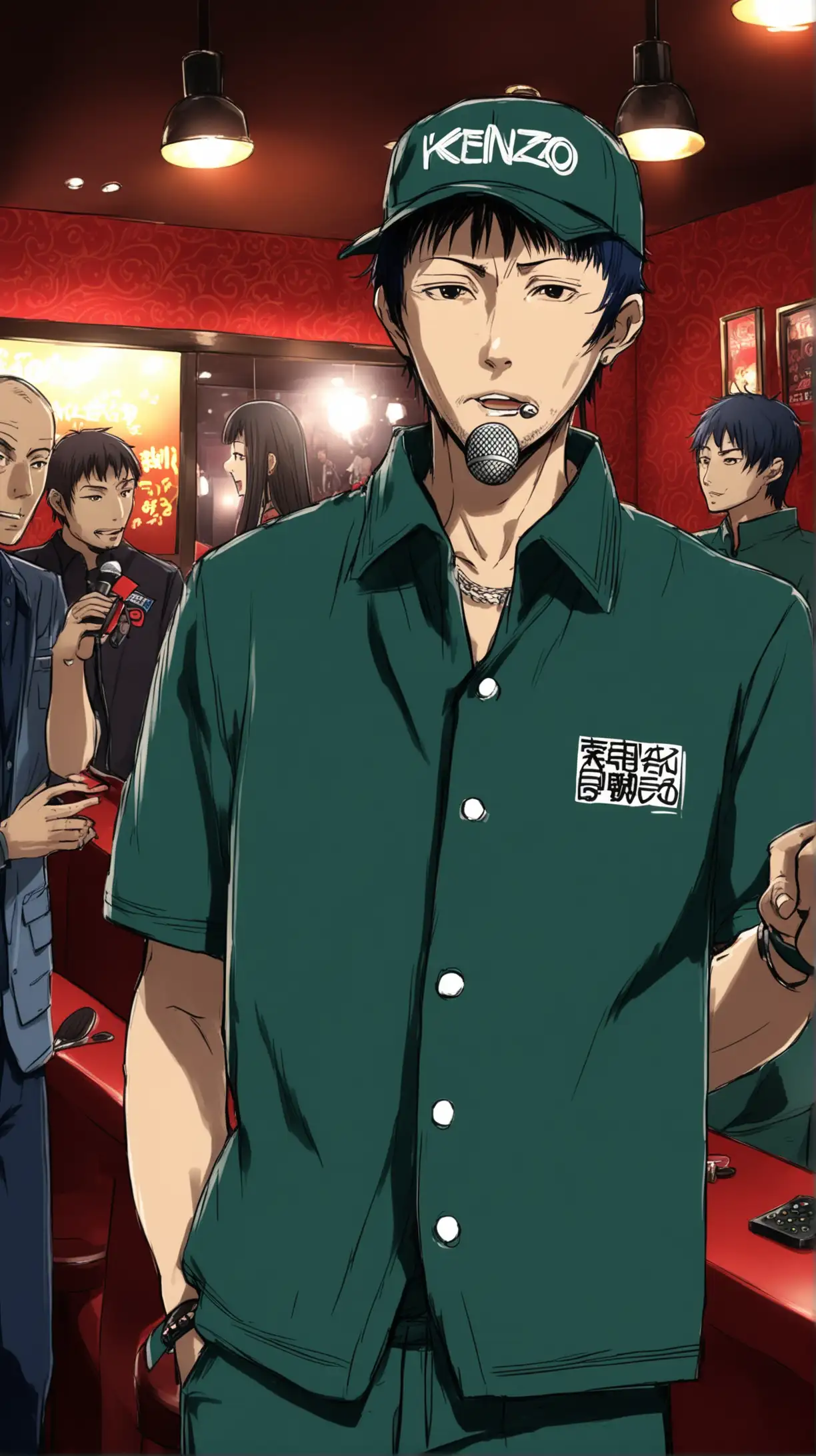 In a karaoke bar, Kenzo, a thin middle aged man, dressed up like a delivery boy, looked around for a thief named Haru.

