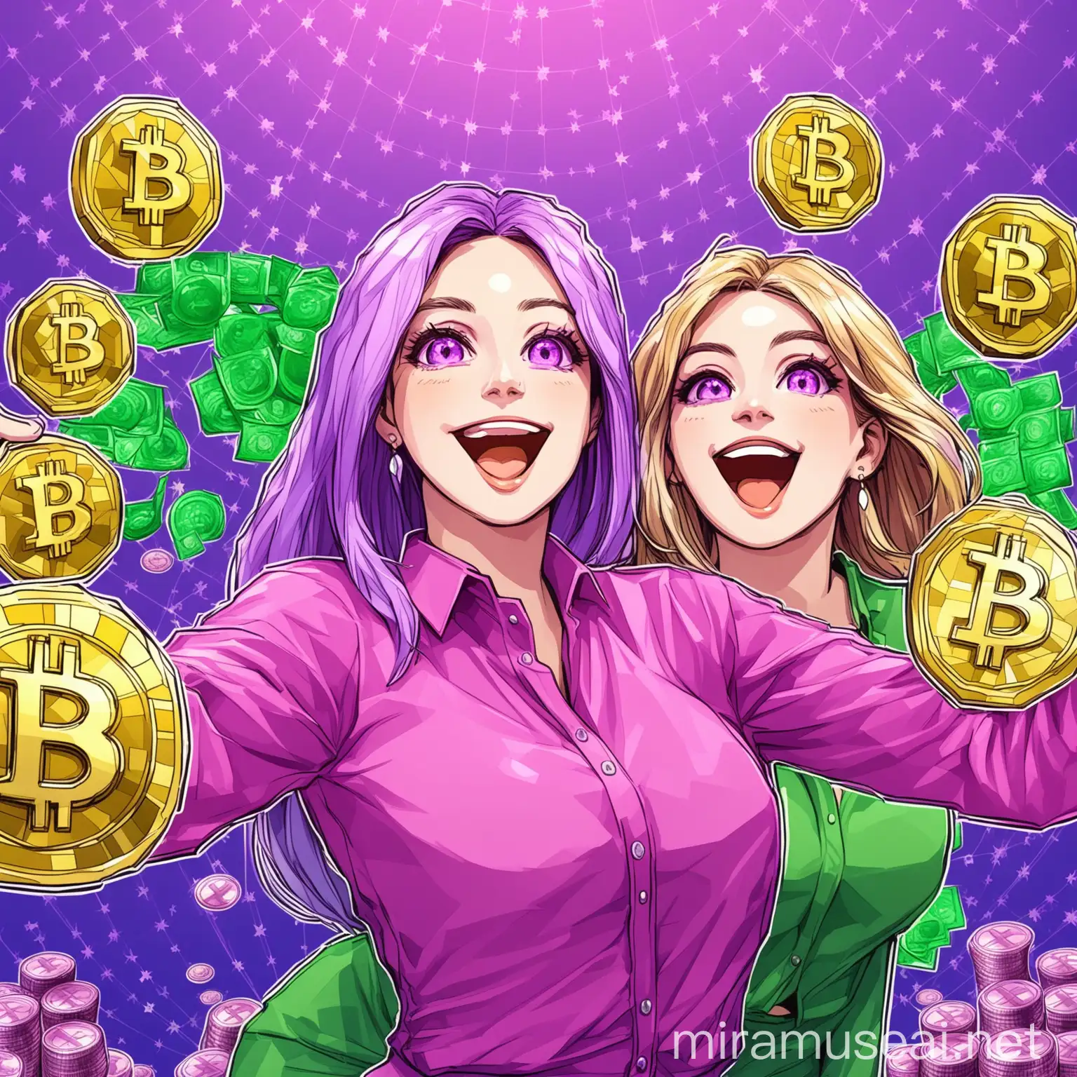 Happy Women Celebrating Big Cryptocurrency Earnings in Vibrant Pink Green and Purple