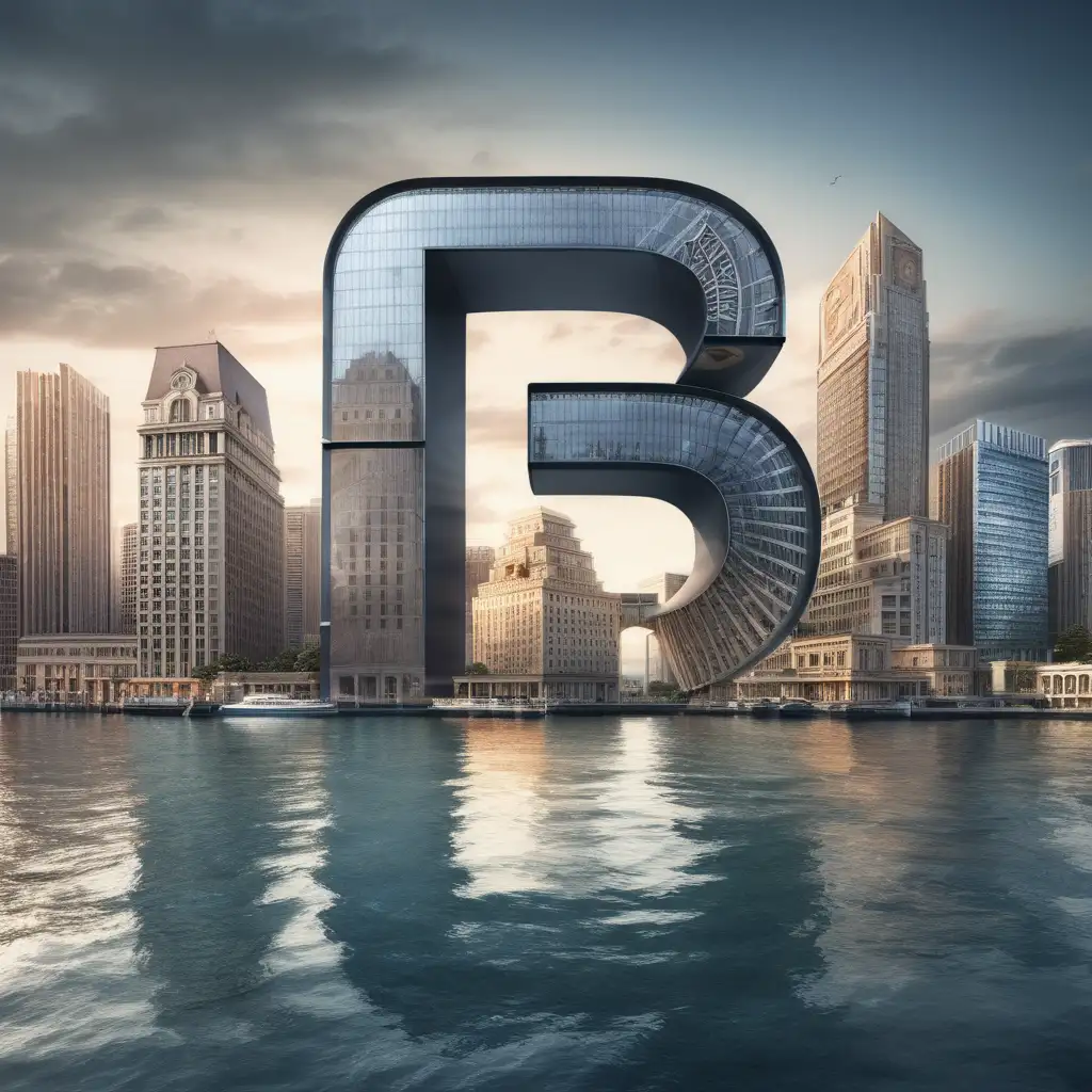 Create the letter "B" as a huge building structure, towering over other buildings, standing out on a waterfront view city 
