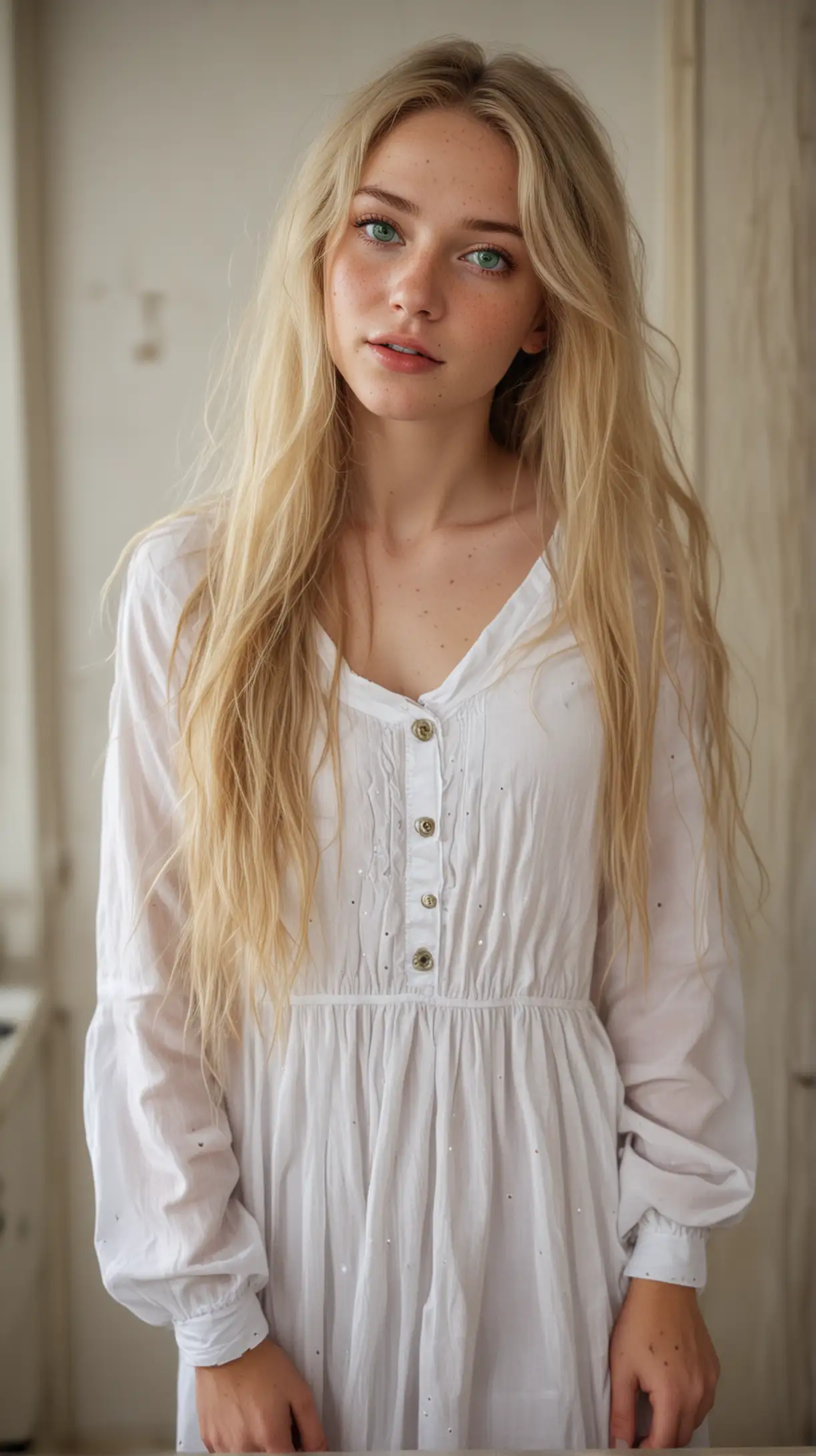 Blonde Woman with Long Hair in White Dress Standing in Apartment