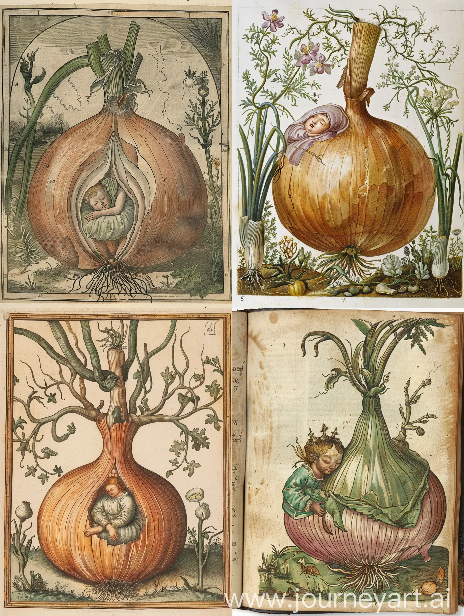 A picture in a botanical atlas: an onion in which a person sleeps. Association with spring
