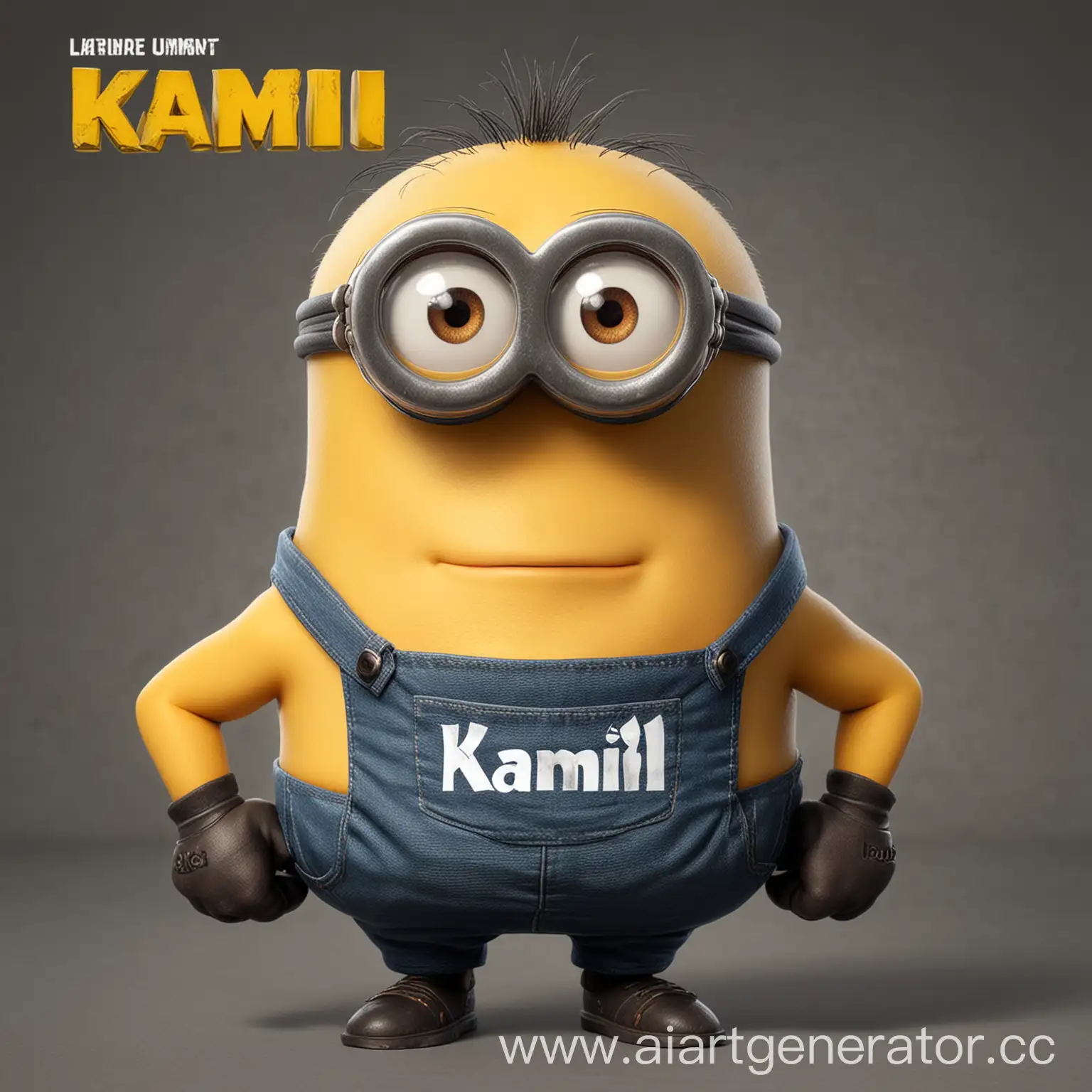 A muscular minion with a name that has a T-shirt with the inscription "kamil" on it