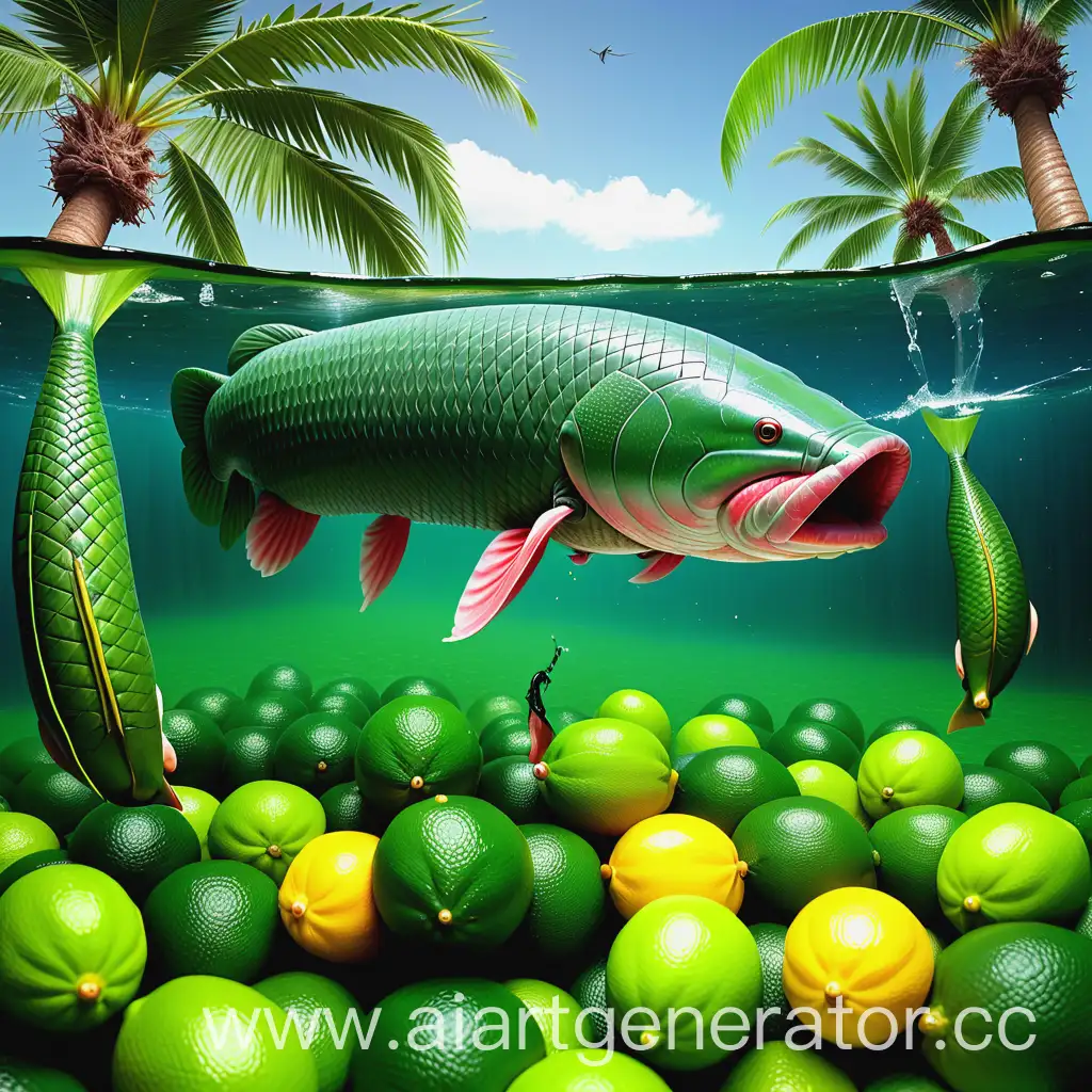 Tropical-Fishing-Adventure-Catching-Large-Arapaima-among-Palm-Trees-with-Limes