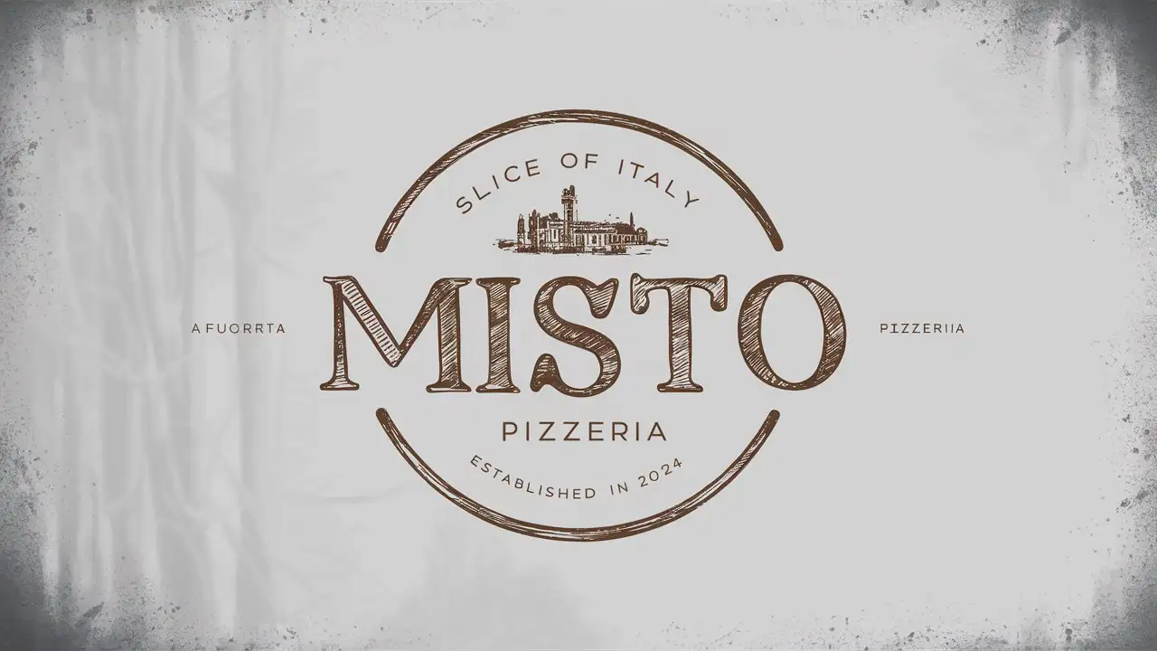 Misto Pizzeria, Letter mark, Minimal, Edge decoration, Italian colors, EST 2024 , Italy flag , Vintage, Slogan, Slice of Italy, Sketched Italian City, Old School, Classic, White back ground, Foggy atmosphere, Rustic