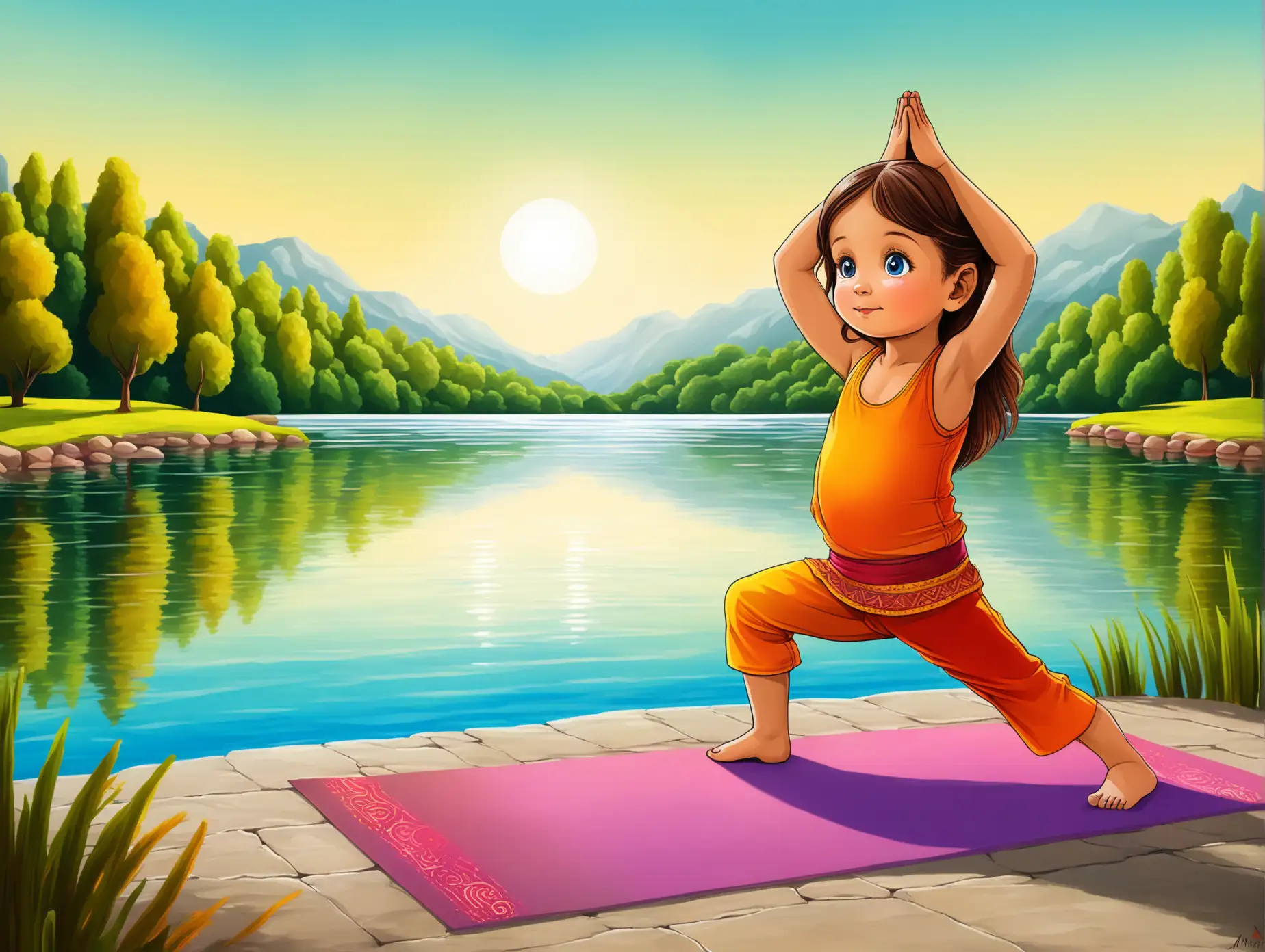 4 year old girl doing yoga in front of a lake in the style of Indian artist Mario Miranda, vivid colours