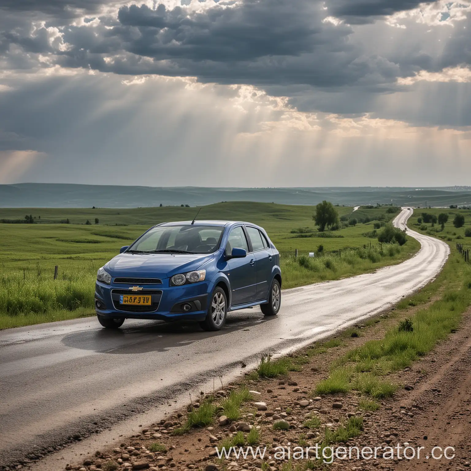 Chevrolet-Aveo-Driving-on-Clear-Road-in-Kazakhstan-Summer-Scene