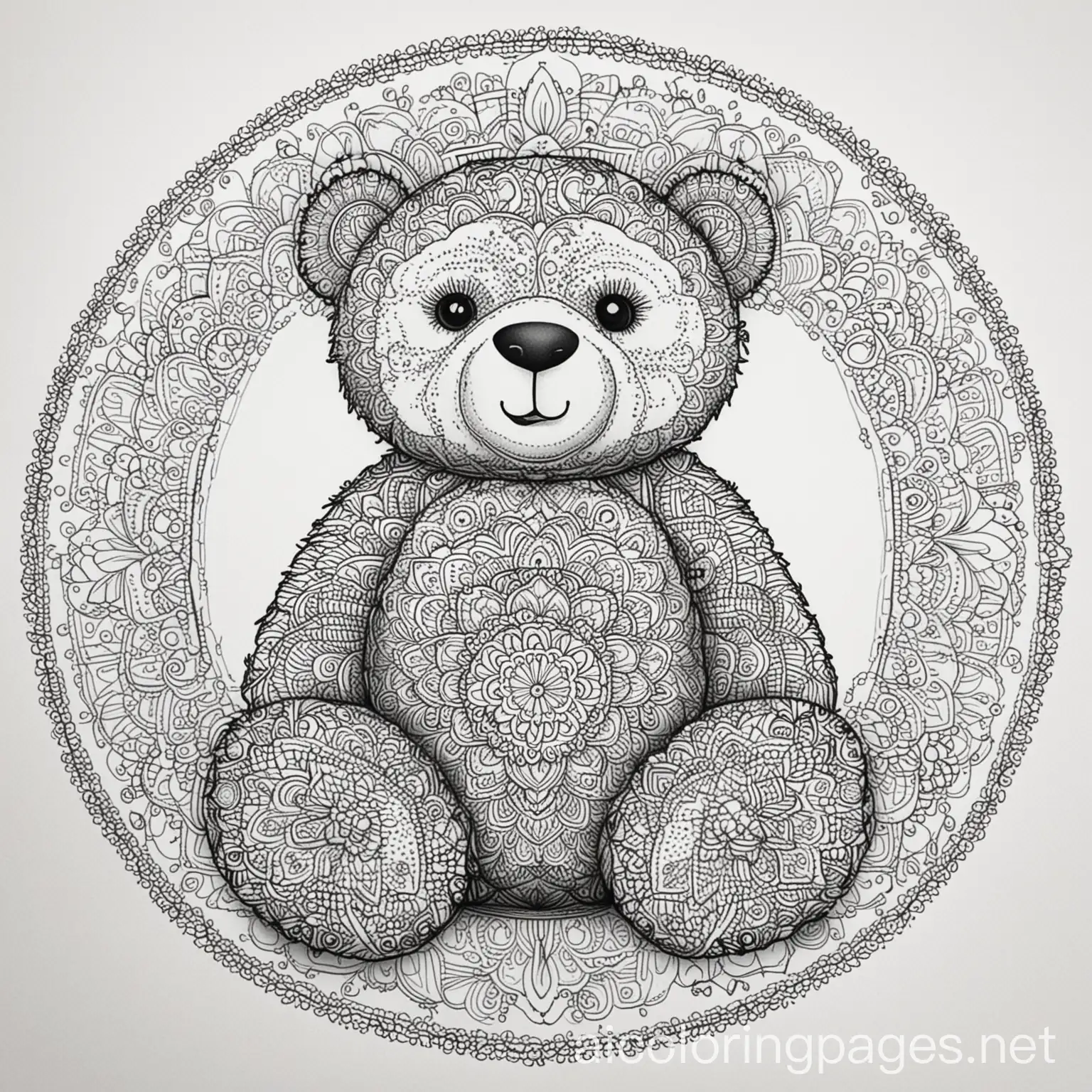 a colorful mandala Teddy Bear Picture, Coloring Page, black and white, line art, white background, Simplicity, Ample White Space