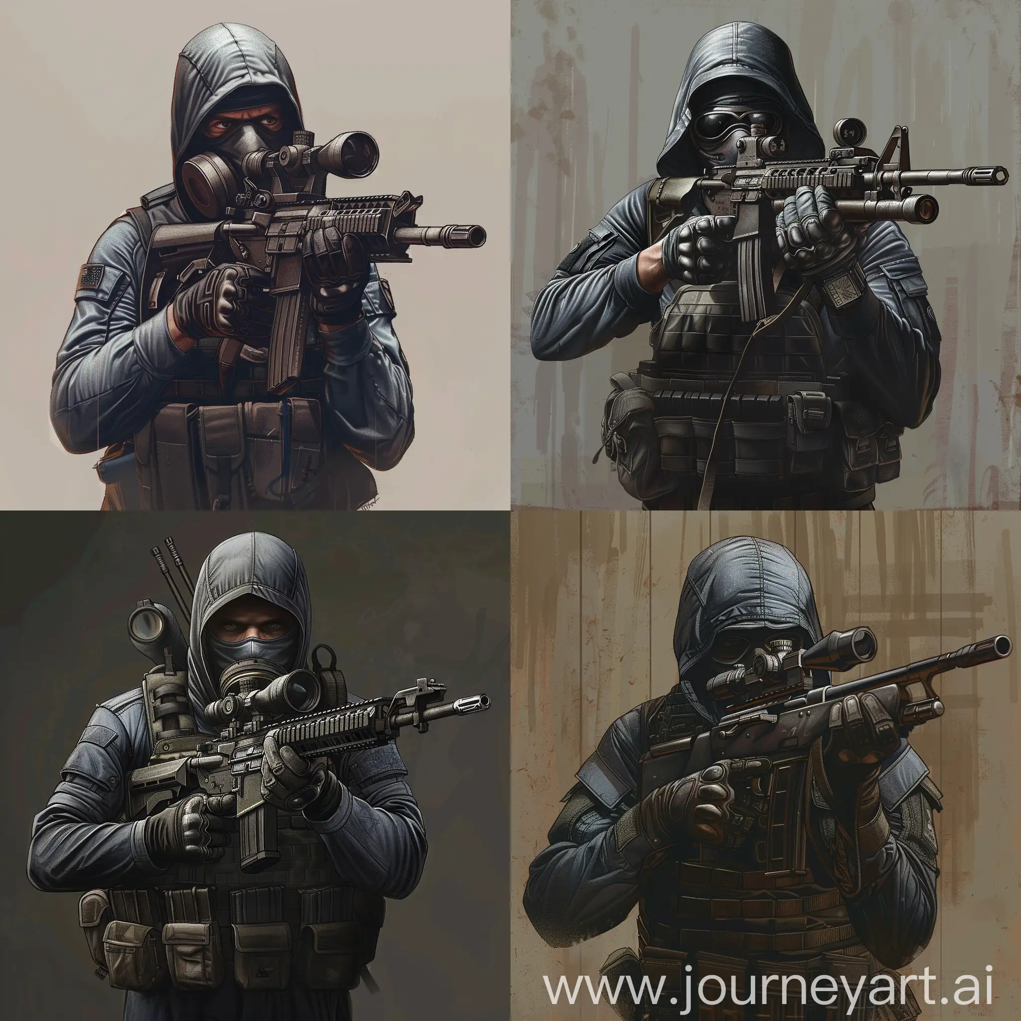Concept art character, digital, American soldier of the Vietnam War in a bulletproof vest of that time, with a sniper rifle in his hands, a balaclava on his face, a gasmask on top of the balaclava of that time.