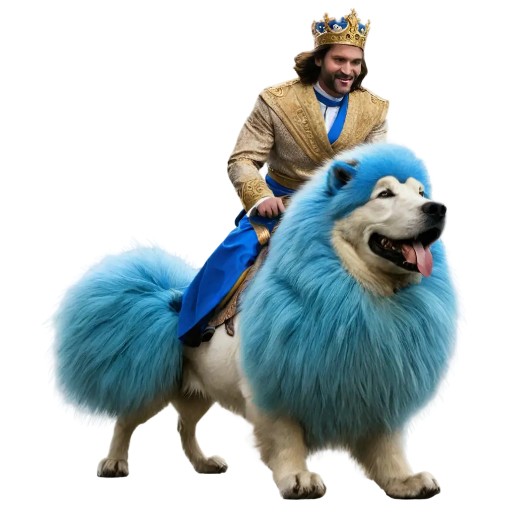 A king riding a big blue hairy dog