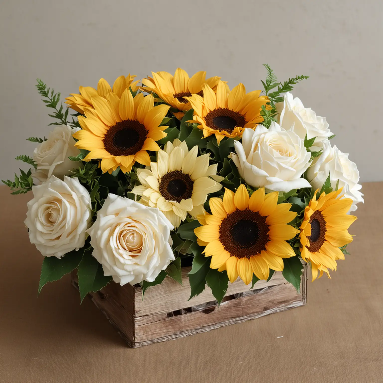 a small and simple rustic sunflower centerpiece  with ivory roses