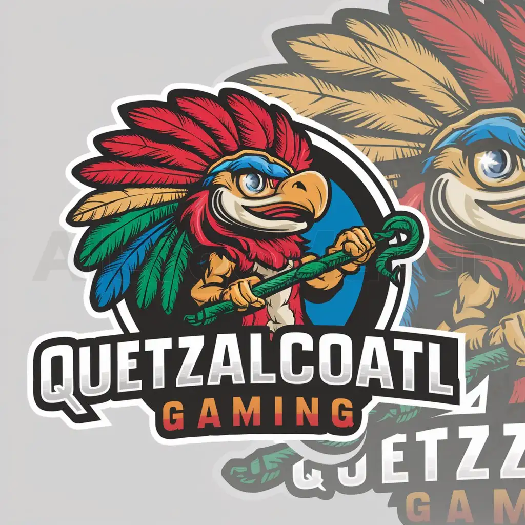 a logo design,with the text "Quetzalcoatl Gaming", main symbol:Quetzalcoatl cartoon mascot logo, use red, green, blue, and yellow colors,Moderate,clear background