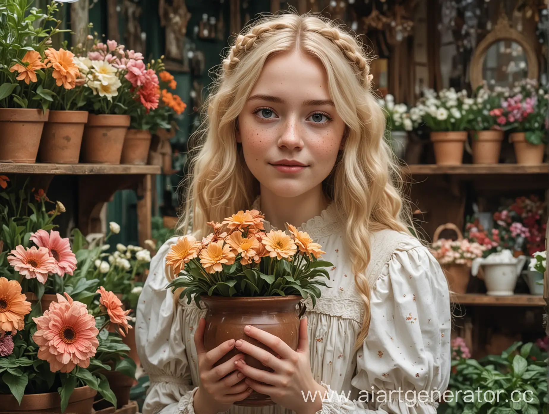 the cover of a fantasy book, a young woman in a modest Victorian dress stands in a flower shop, in her hands a pot with a strange flower, she has a cute face with freckles and blonde hair