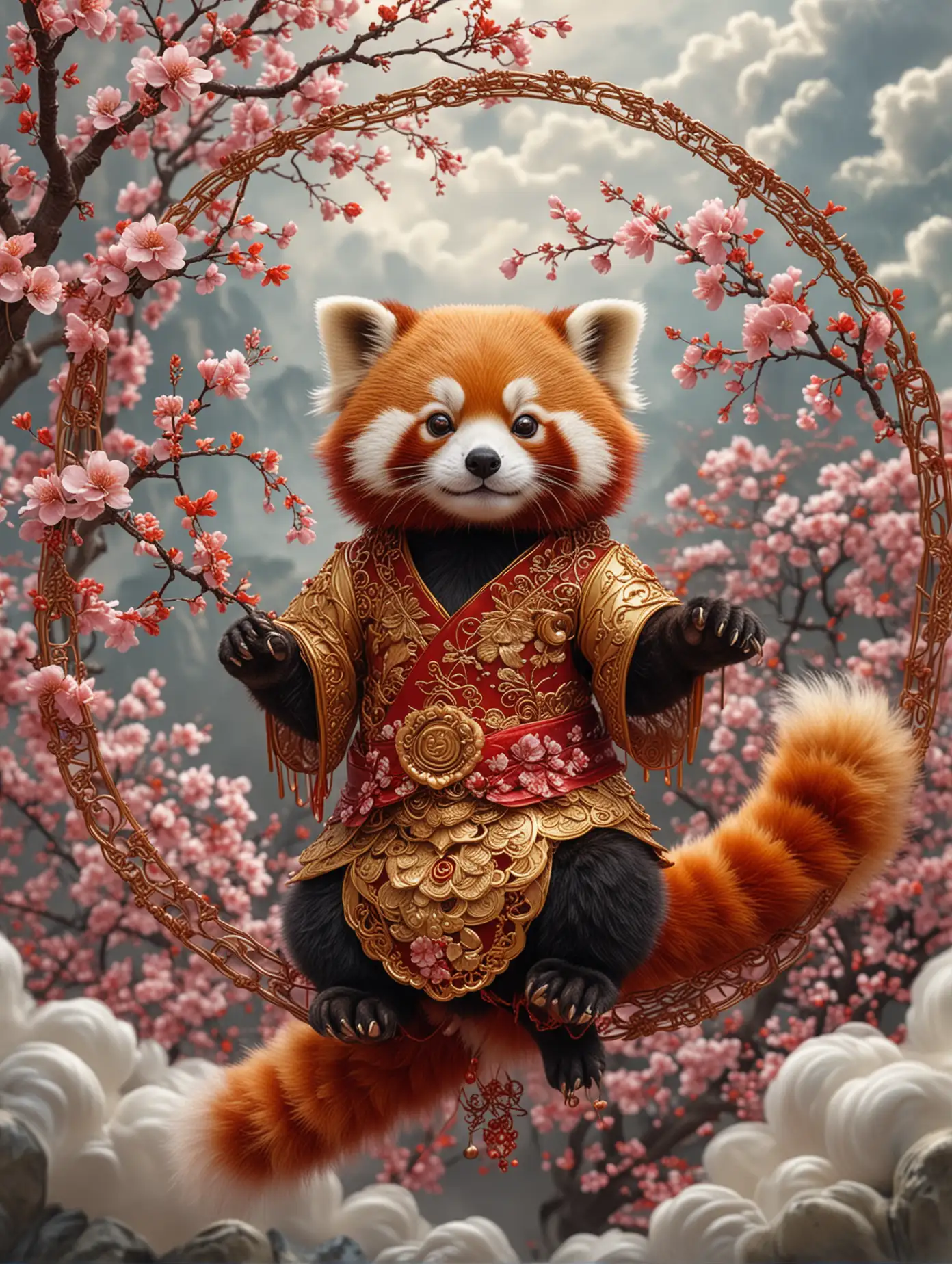 A red panda wears intricate golden wire lace all down her body, this oriental ornamentation serves to honor the gods of rejuvenation and spring,  a spirl of floating cherry blossoms form behind her on the wind. Far in the distance a cloud dragon smiles