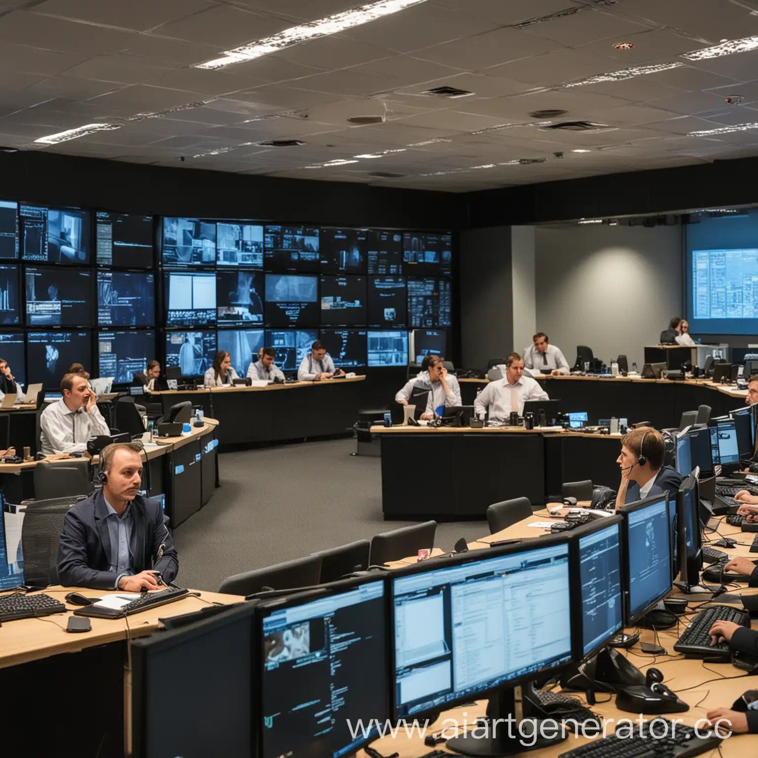 Working analysts in the Security operational Center sitting in a single row no more five people