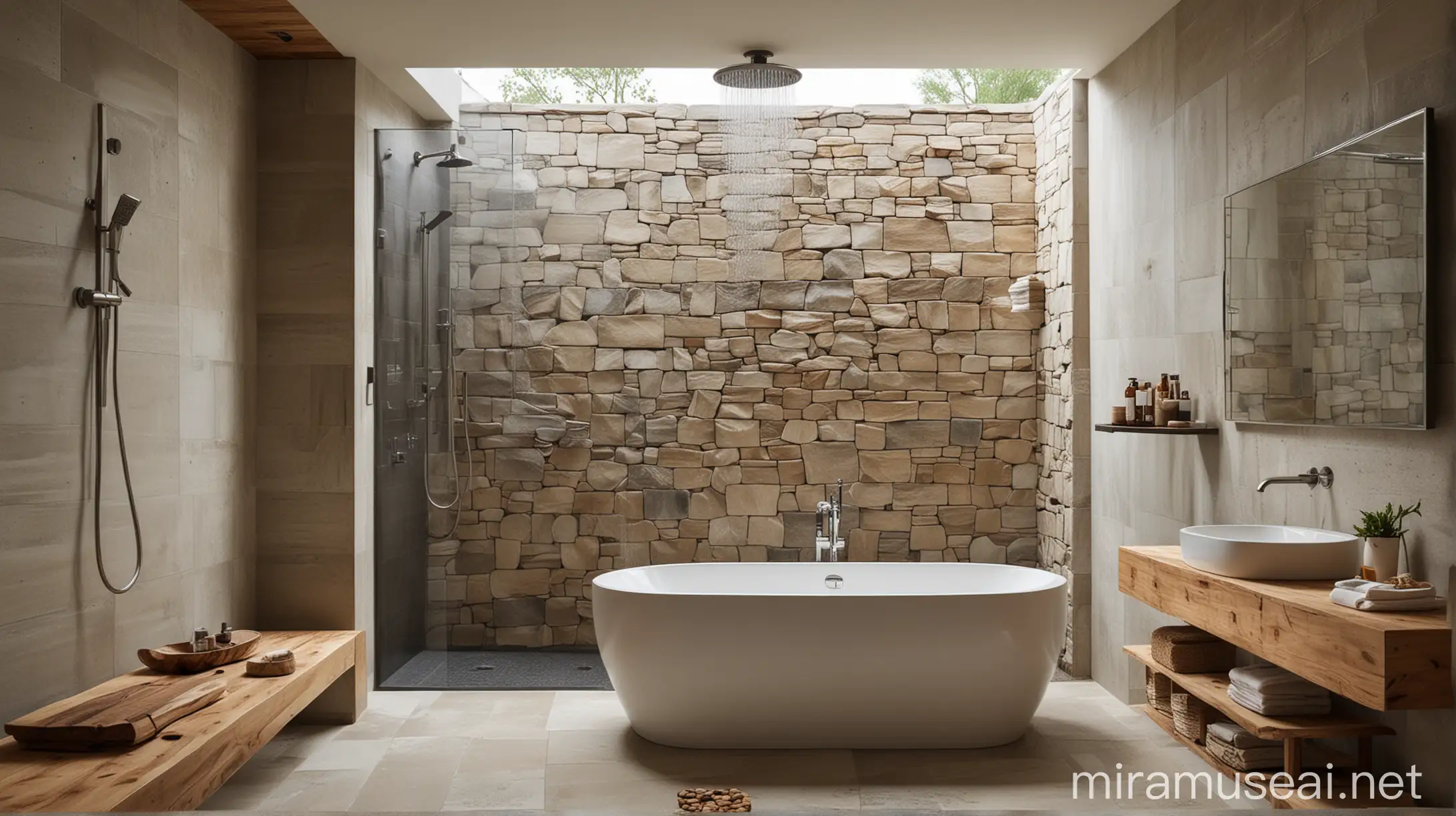 A bathroom with a minimalist design, featuring a soaking tub, a rain showerhead, and a collection of natural materials like wood and stone.