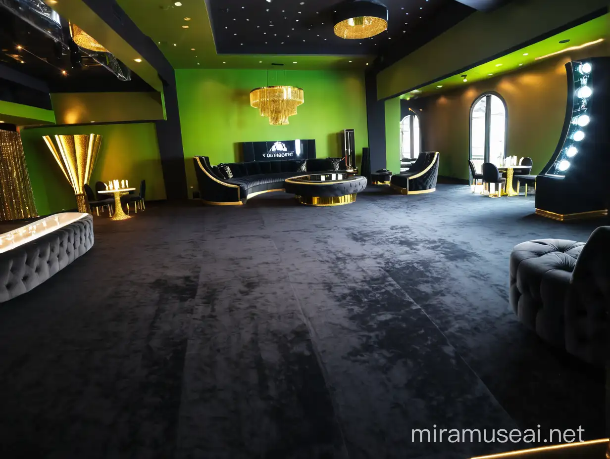 Transform an empty room into a luxurious night club dripping in opulence and style. color palette are gold and black, with extravagant table decorations adorning each surface. Ensure the focal point is a grand, rotating table positioned at the center of the room, surrounded by an array of plush seating. Envision the ambiance with shimmering lights and a vibrant energy, all culminating in a mesmerizing display on the big screen. add many sofa