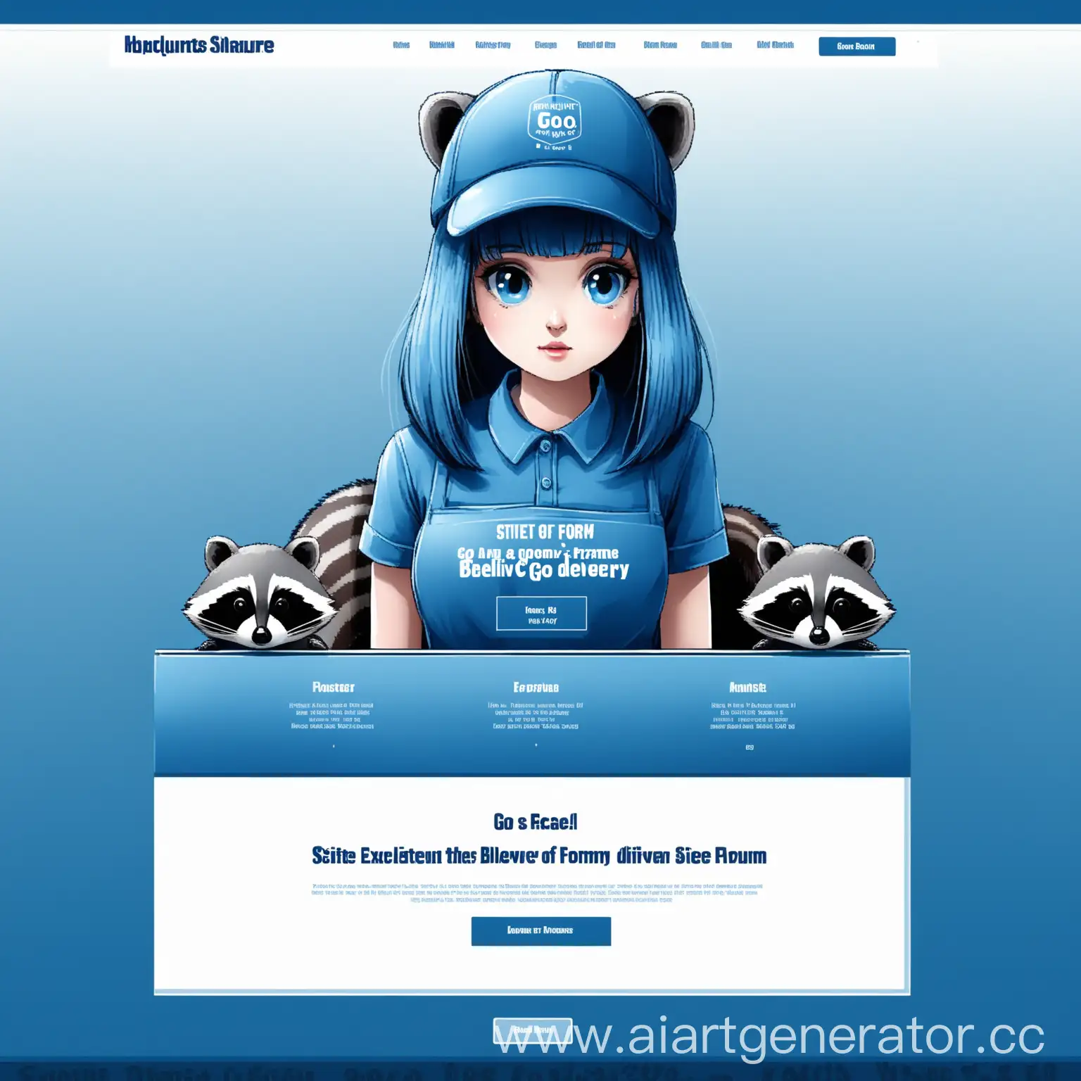 Главная страница онлайн сайта выполнена в голубых тонах с изображением девочки в форме доставки и с шапкой енота, название сайта GO-GO