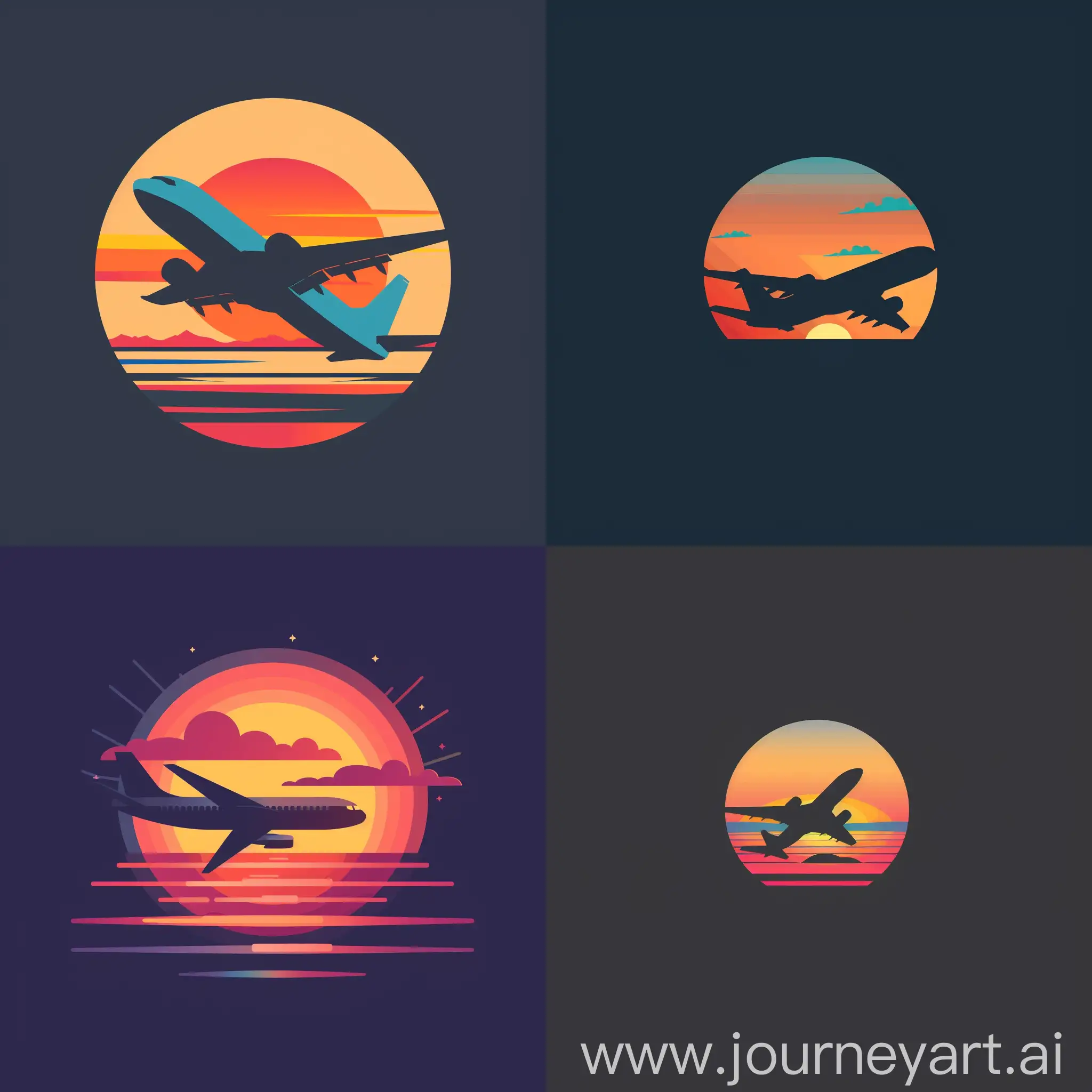 flat color travel logo, plane, sunset