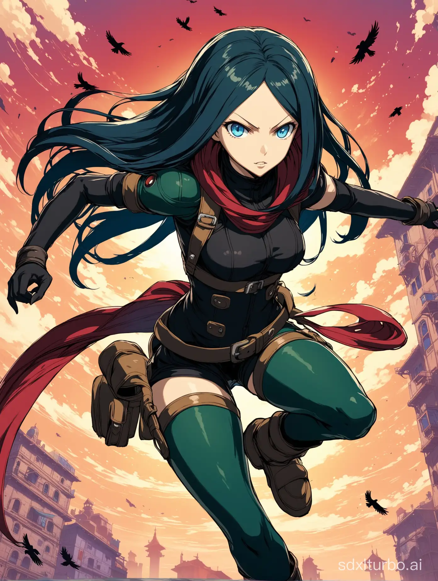 raven from gravity rush 2, black long hair with red strands, blue eyes, in action pose
