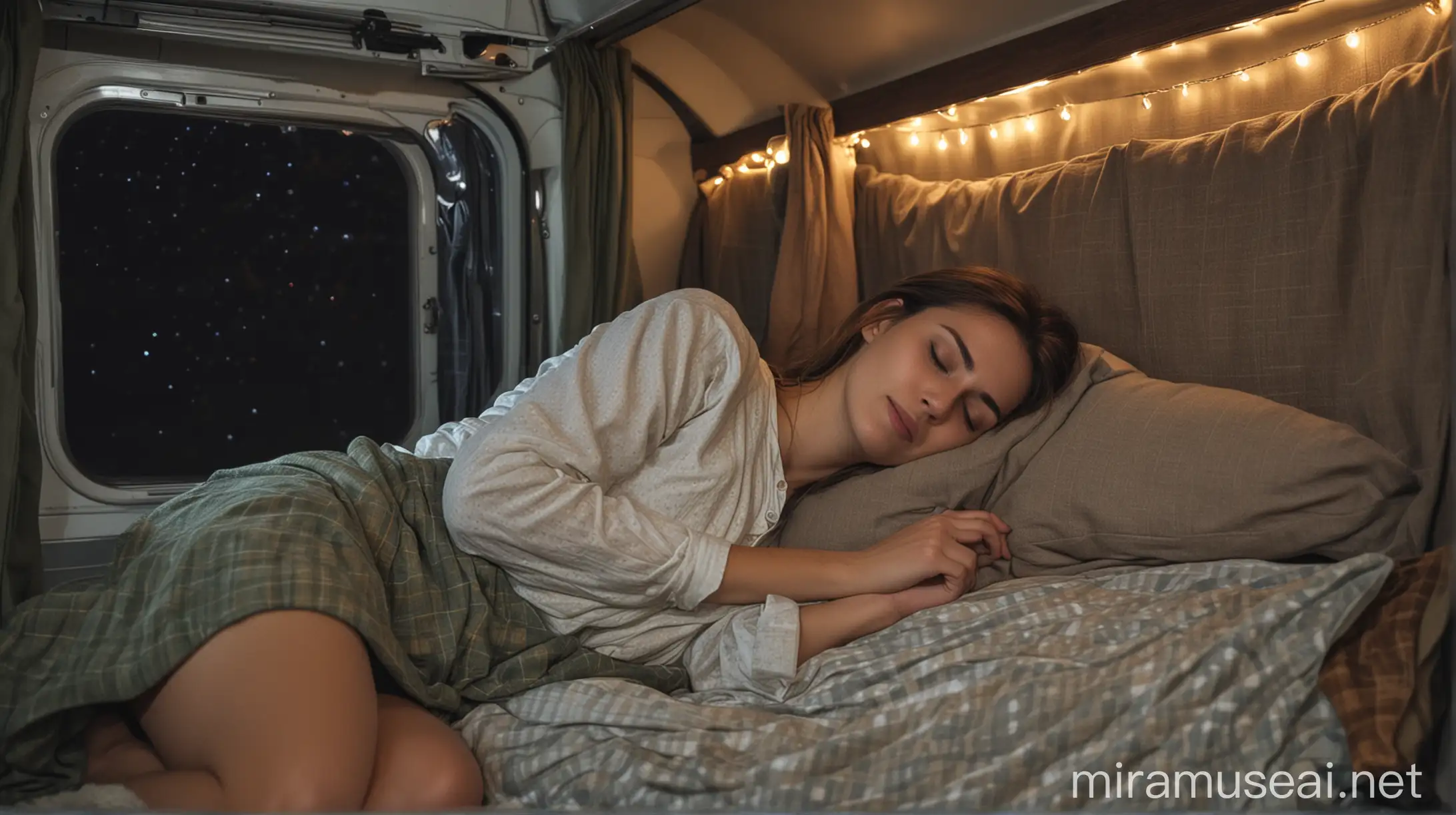 Wanita cantik tidur malam di dalam mobil camping
