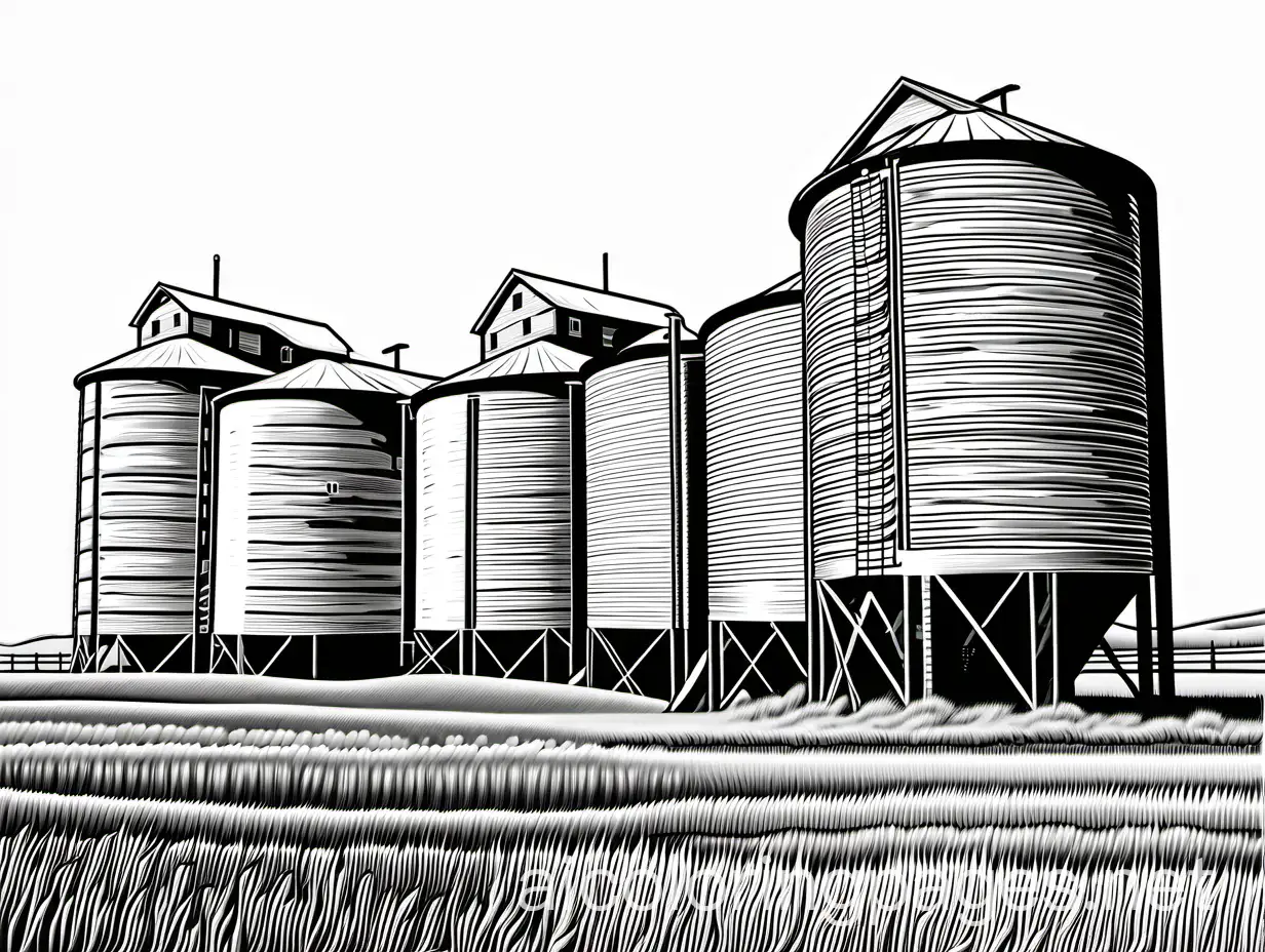 Old wooden Saskatchewan grain elevators, Coloring Page, black and white, line art, white background, Simplicity, Ample White Space. The background of the coloring page is plain white to make it easy for young children to color within the lines. The outlines of all the subjects are easy to distinguish, making it simple for kids to color without too much difficulty