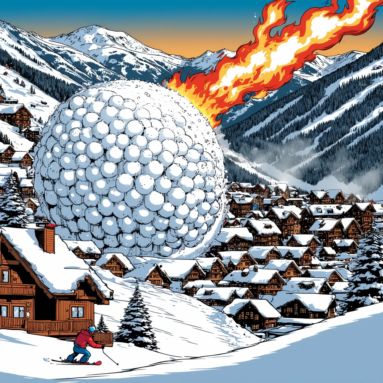 Create a Comic book image of a huge snow ball in motion rolling down a snowy mountain with a ski village and small fire balls being shot at it 