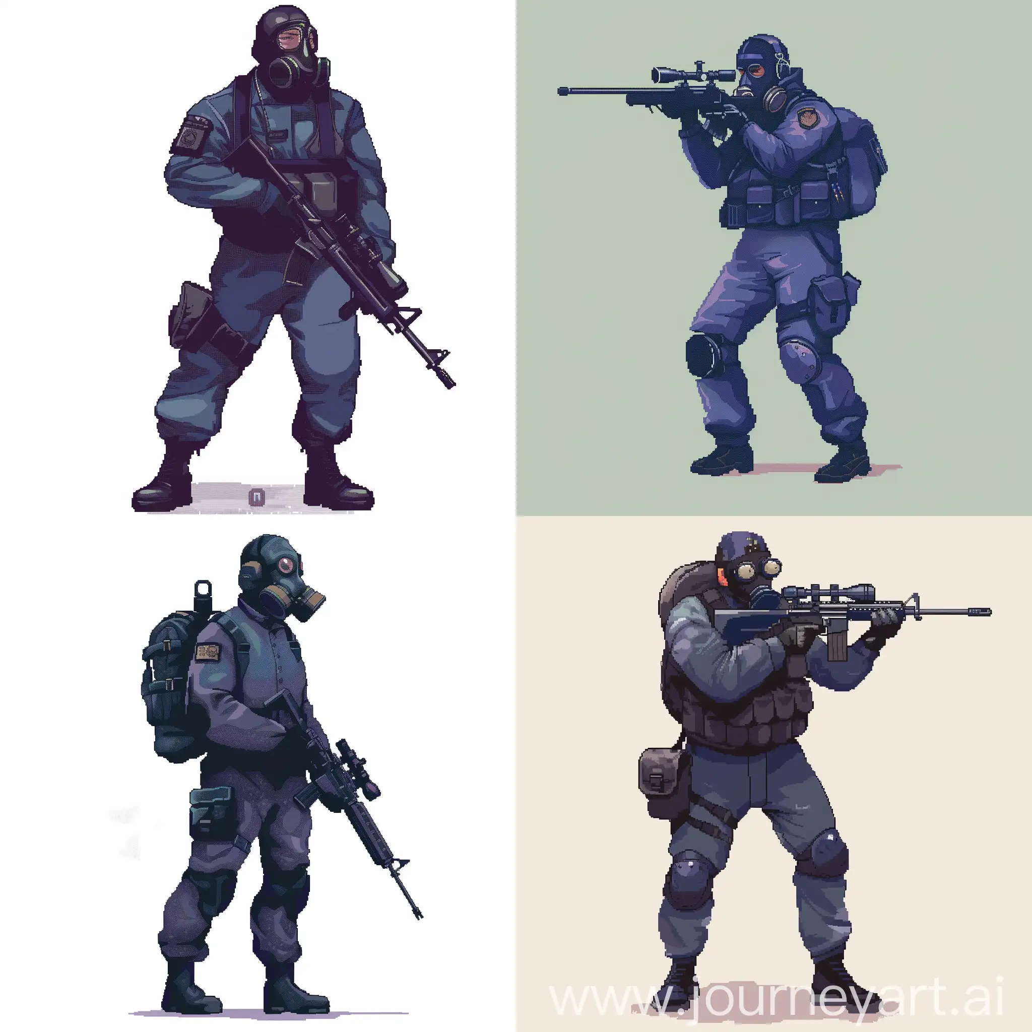 Pixel art, character, SAS operator, dark purple military jumpsuit, gasmask on his face, small military backpack, military unloading on his body, sniper rifle in his hands.