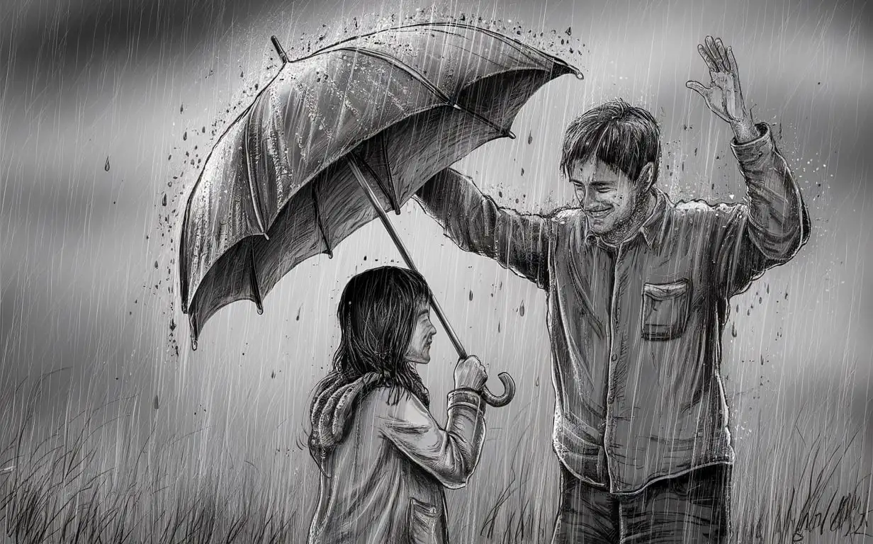  Father gives umbrella to his daughter during rain and himself gets wet in rain

sketch black & white 