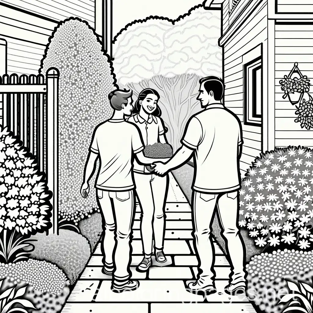 neighbors helping neighbors, Coloring Page, black and white, line art, white background, Simplicity, Ample White Space