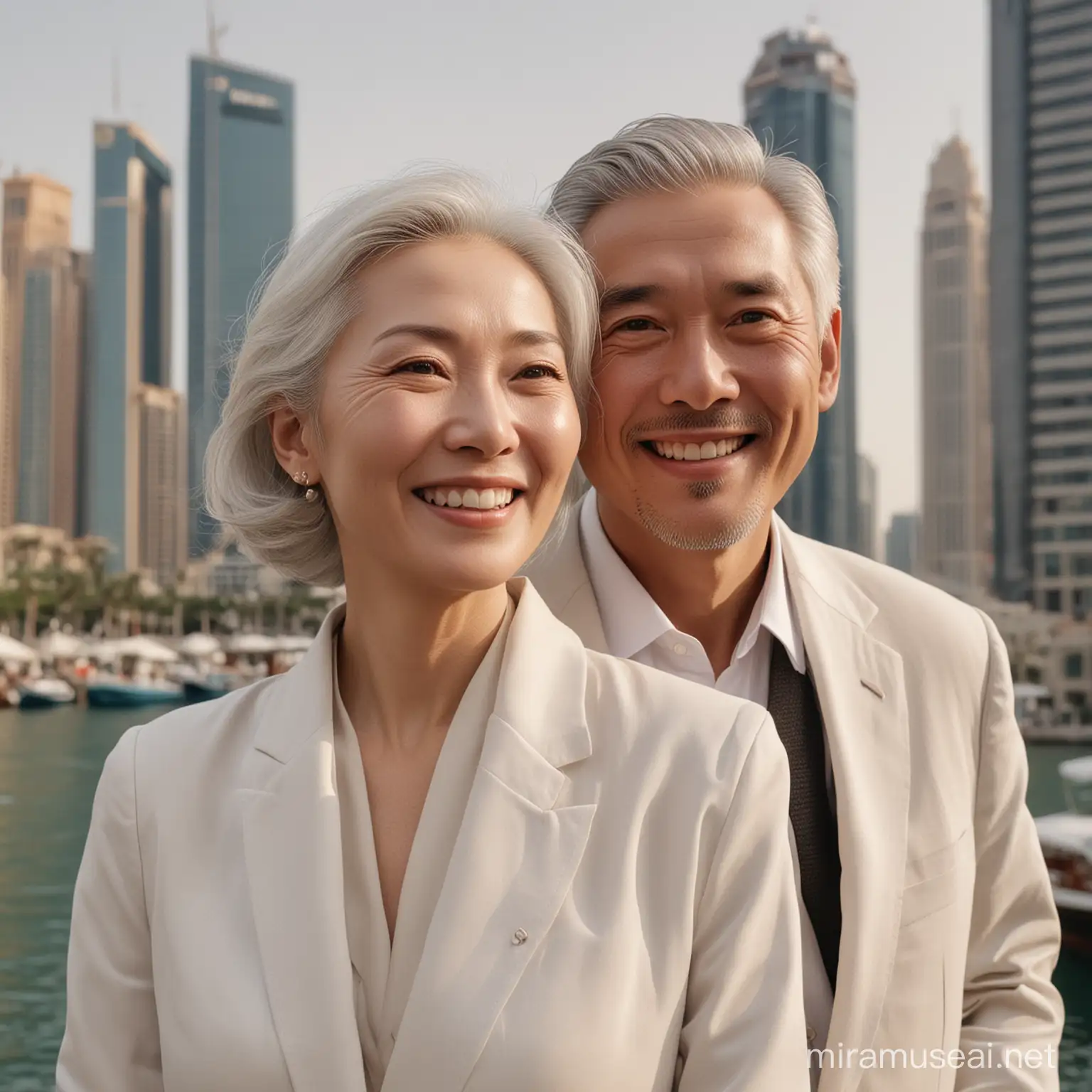 8K photorealistic Image of a couple of Chinese retirees, a man and a woman, with white faces, wearing light clothes. They have a slender faces with high cheekbones. Their smiling eyes are large and expressive, with dark irises, framed by neatly shaped eyebrows. The woman and the man are wearing a light-colored, probably white, button-up shirt underneath a tailored gray blazer. The blazer is well-fitted, accentuating shoulders and waist. They wear minimal jewelry. The lighting in the image is soft and diffused, creating a gentle glow on their faces and a subtle interplay of light and shadow that gives their skin a luminous quality. Background is Dubai Marina, providing a contrast that highlights silhouette. Their pose is relaxed yet confident, and their torso turned towards the camera. Their expression is serene and approachable, with a hint of a smile on  lips.