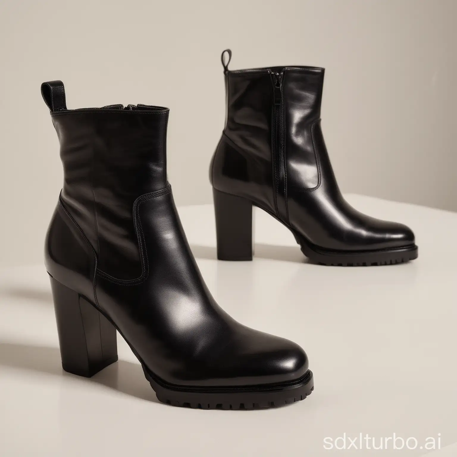 A close-up of a pair of black leather ankle boots with a chunky heel. The boots are placed on a white background, and the light is shining on them to highlight their sleek design and luxurious materials.