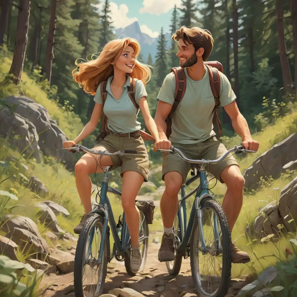 Couple in love hike biking in nature, comix style