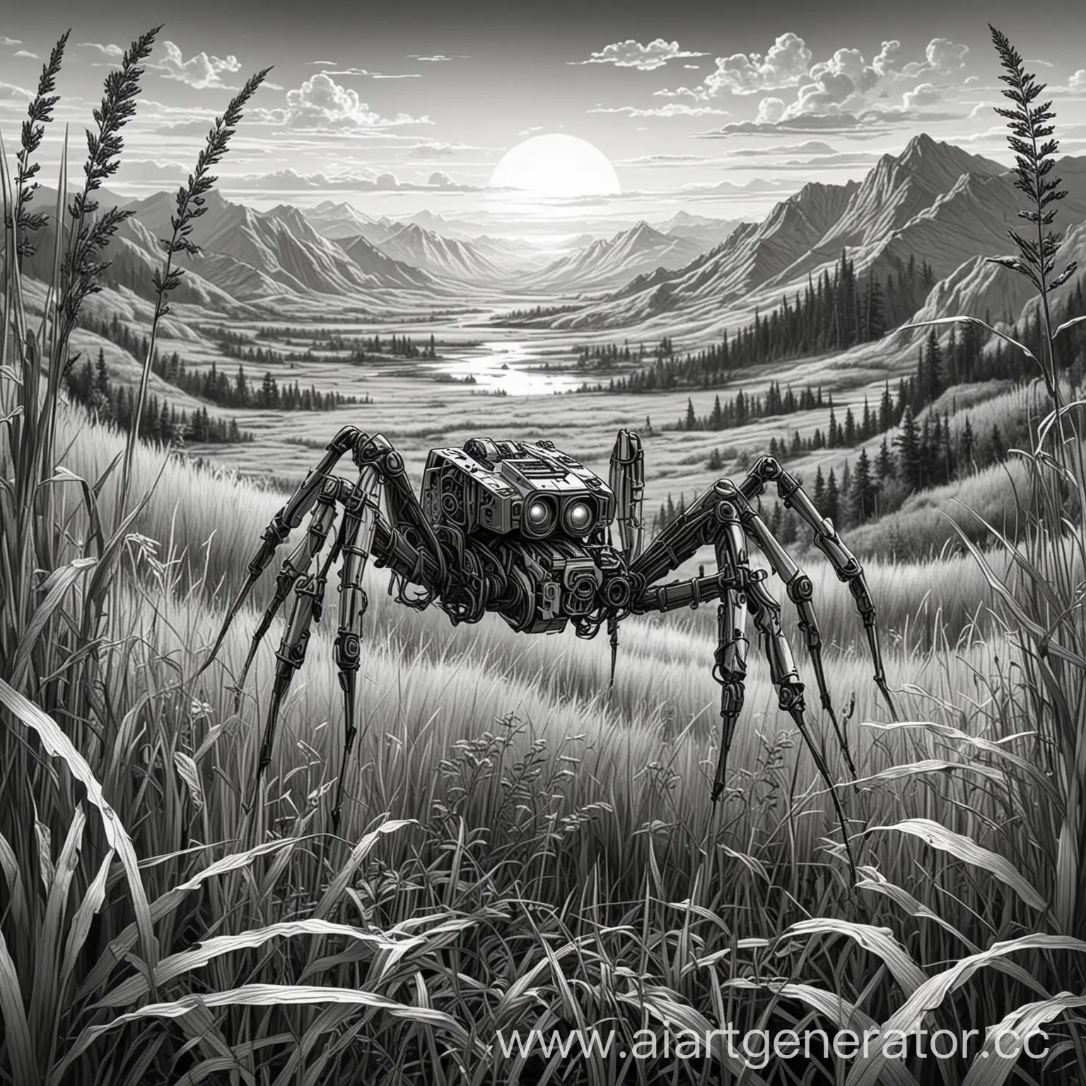 Spider-Robot-in-Tall-Grass-with-Distant-Mountains