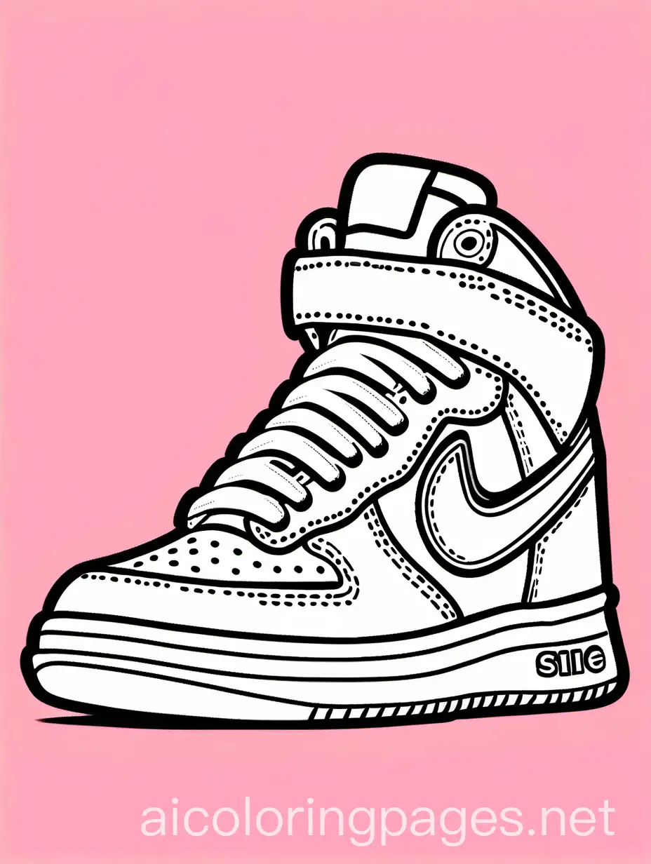A set of sneakers wearing a model side picture, coloring page, line art, details background, background color is white, Coloring Page, black and white, line art, white background, Simplicity, Ample White Space. The background of the coloring page is plain white to make it easy for young children to color within the lines. The outlines of all the subjects are easy to distinguish, making it simple for kids to color without too much difficulty