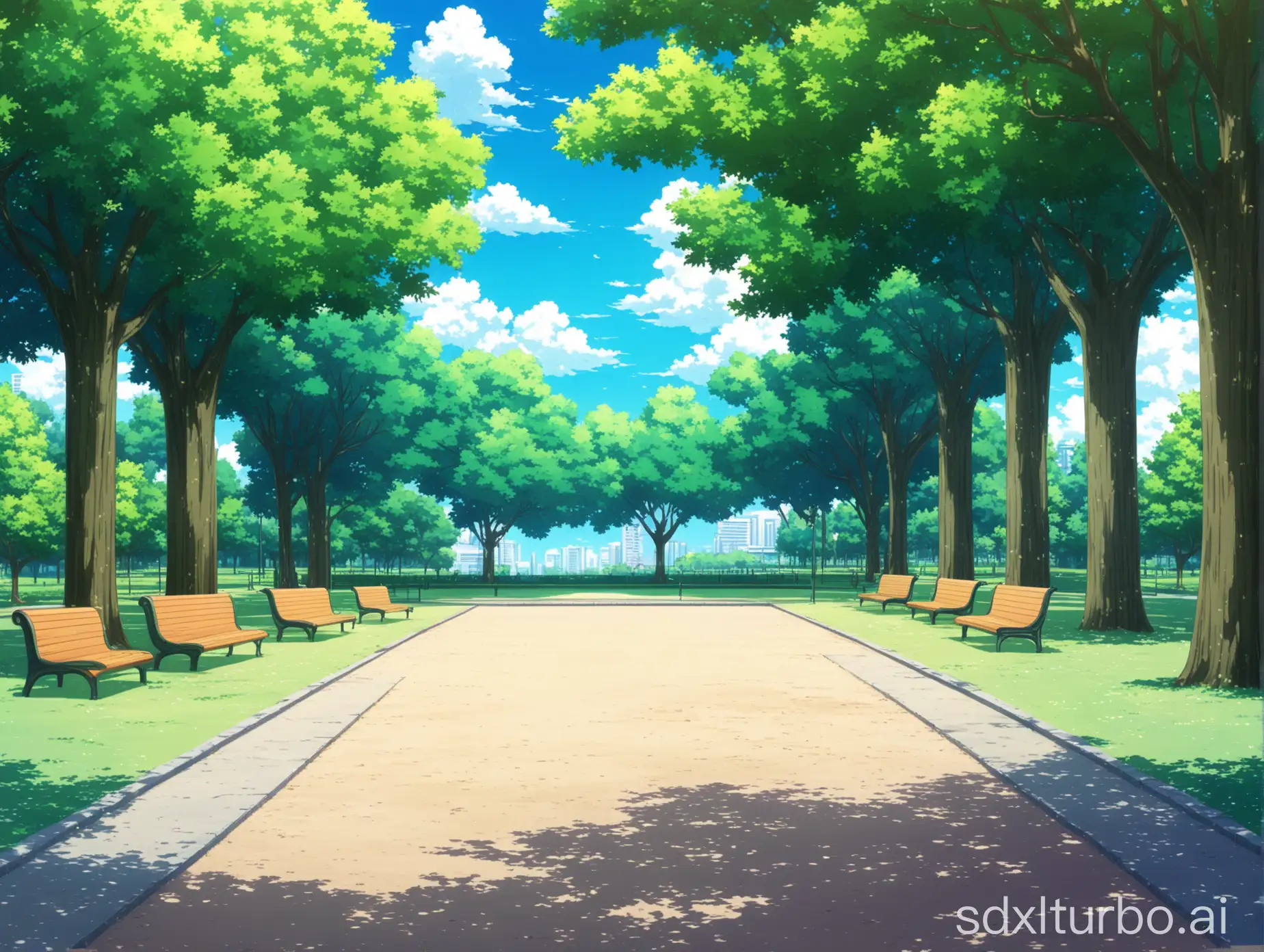 an anime background that shows a park without people during the day with trees in horizontal