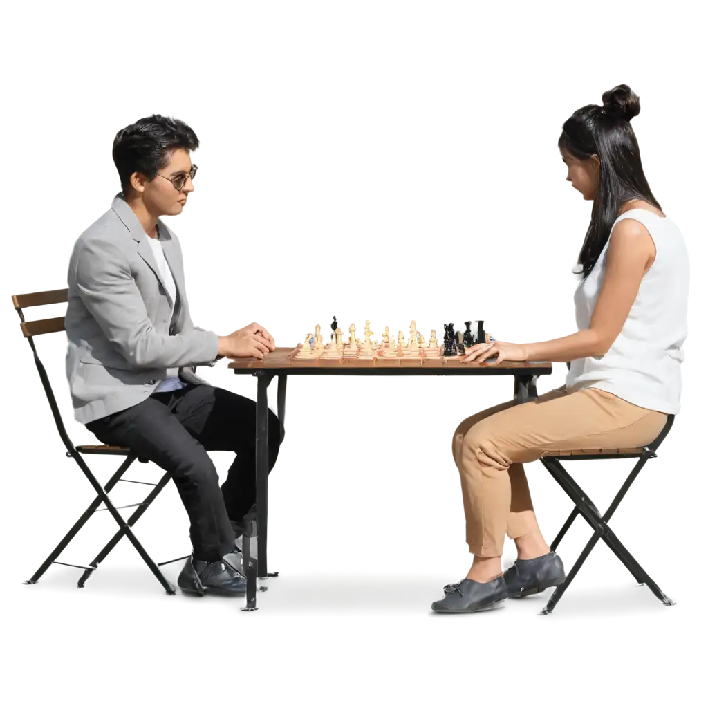 two people sitting on chair an playing chess on table