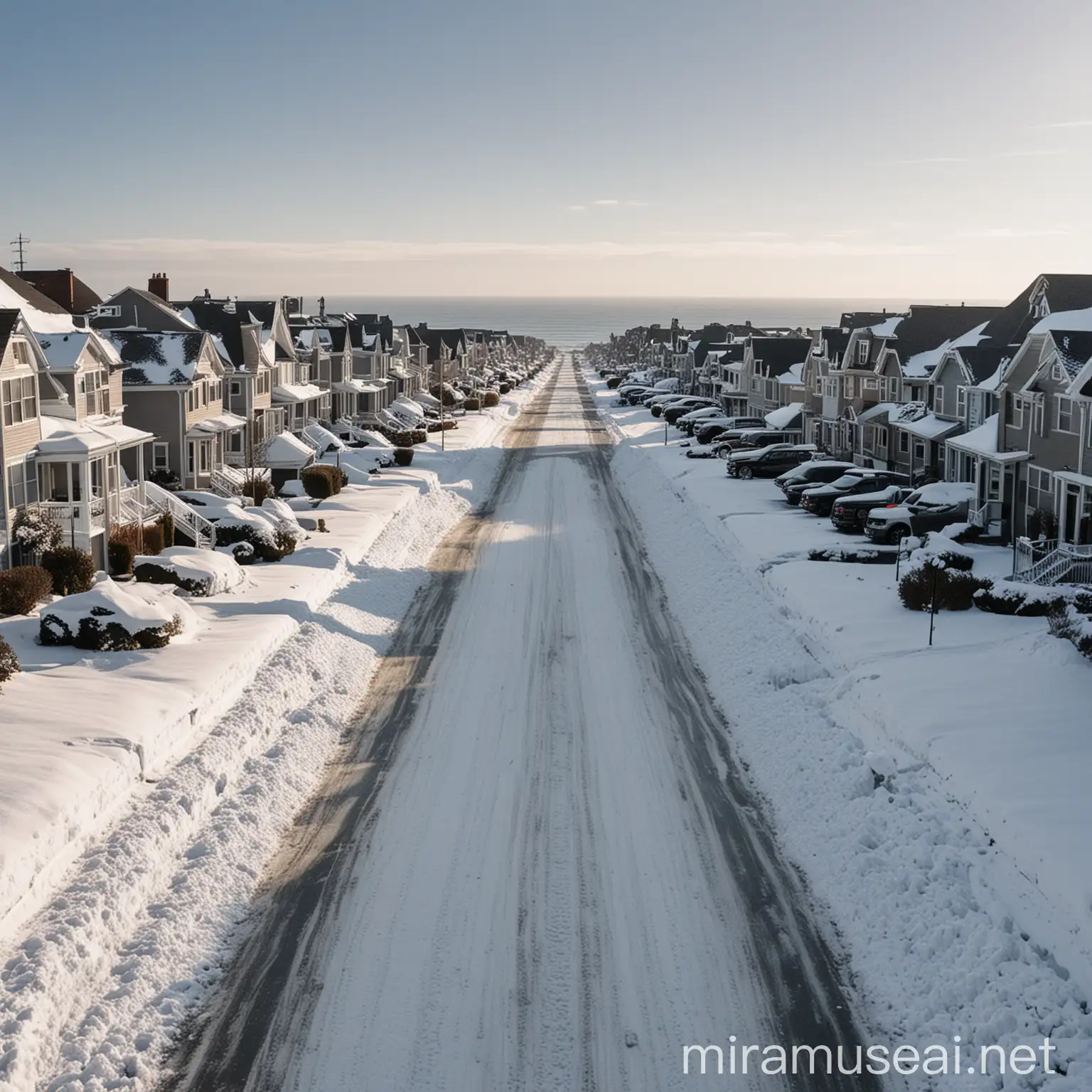 down an American suburban street with large houses and the street buried in snow with a giant ocean in the background