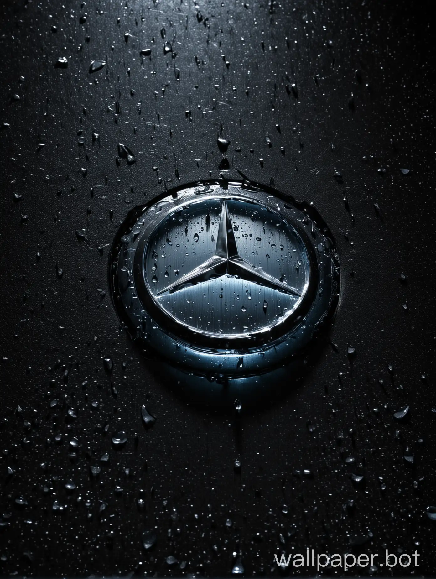 Mercedes logo on night with some light on it along with water drops.