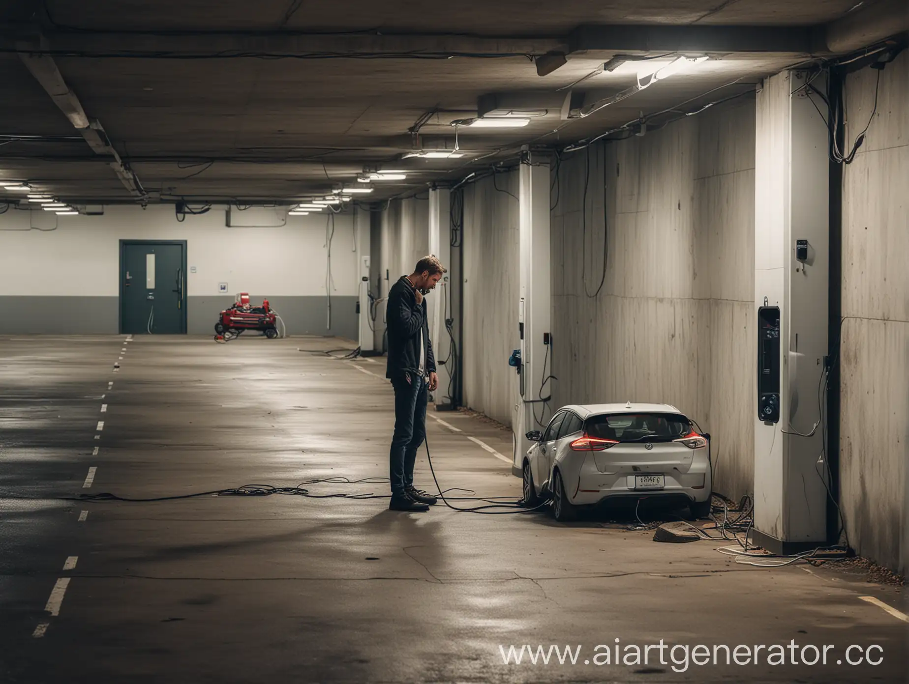 человек находится в подземном паркинге, он расстроен и грустит, что не хватило мощности зарядить электромобиль