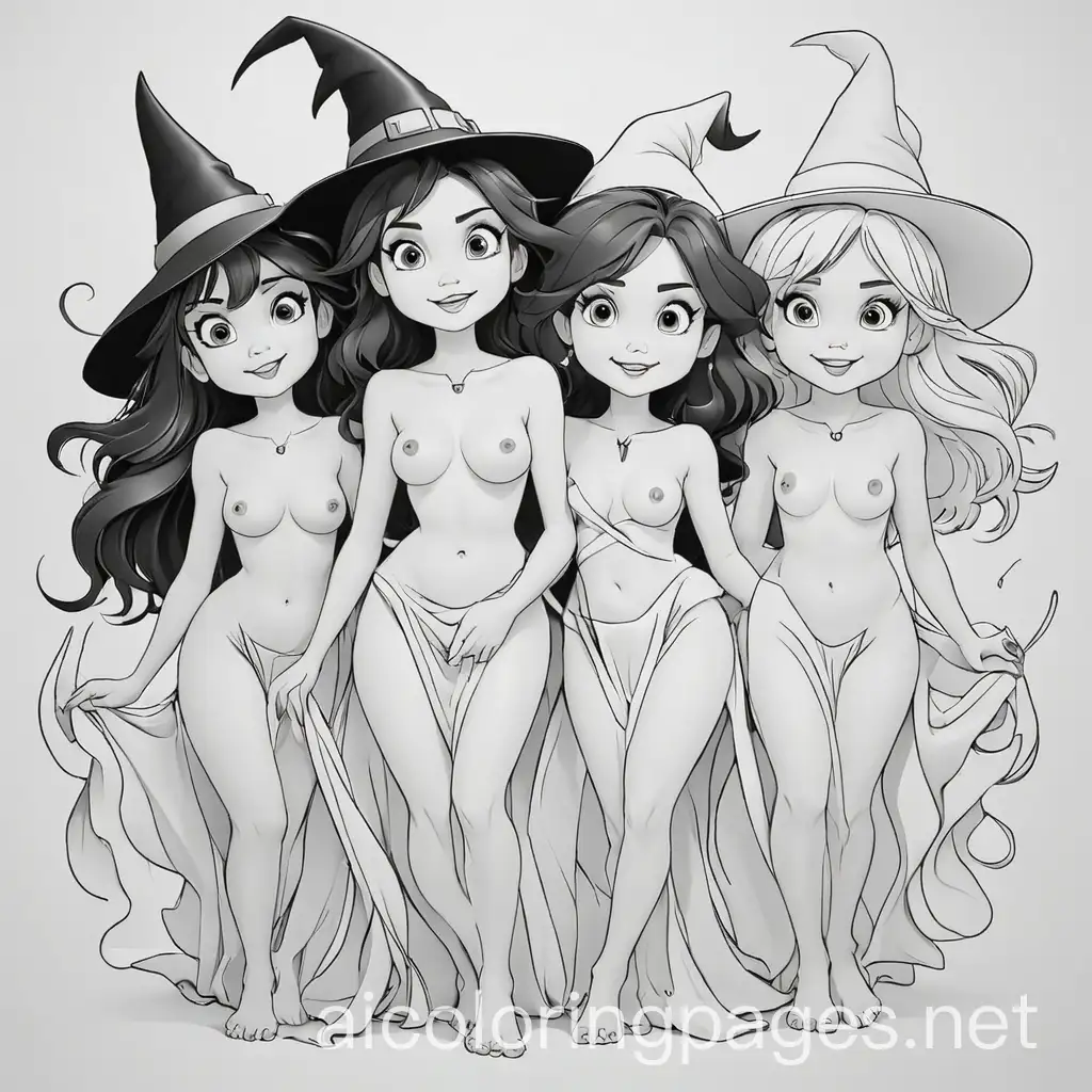 naked witches , Coloring Page, black and white, line art, white background, Simplicity, Ample White Space. The background of the coloring page is plain white to make it easy for young children to color within the lines. The outlines of all the subjects are easy to distinguish, making it simple for kids to color without too much difficulty
