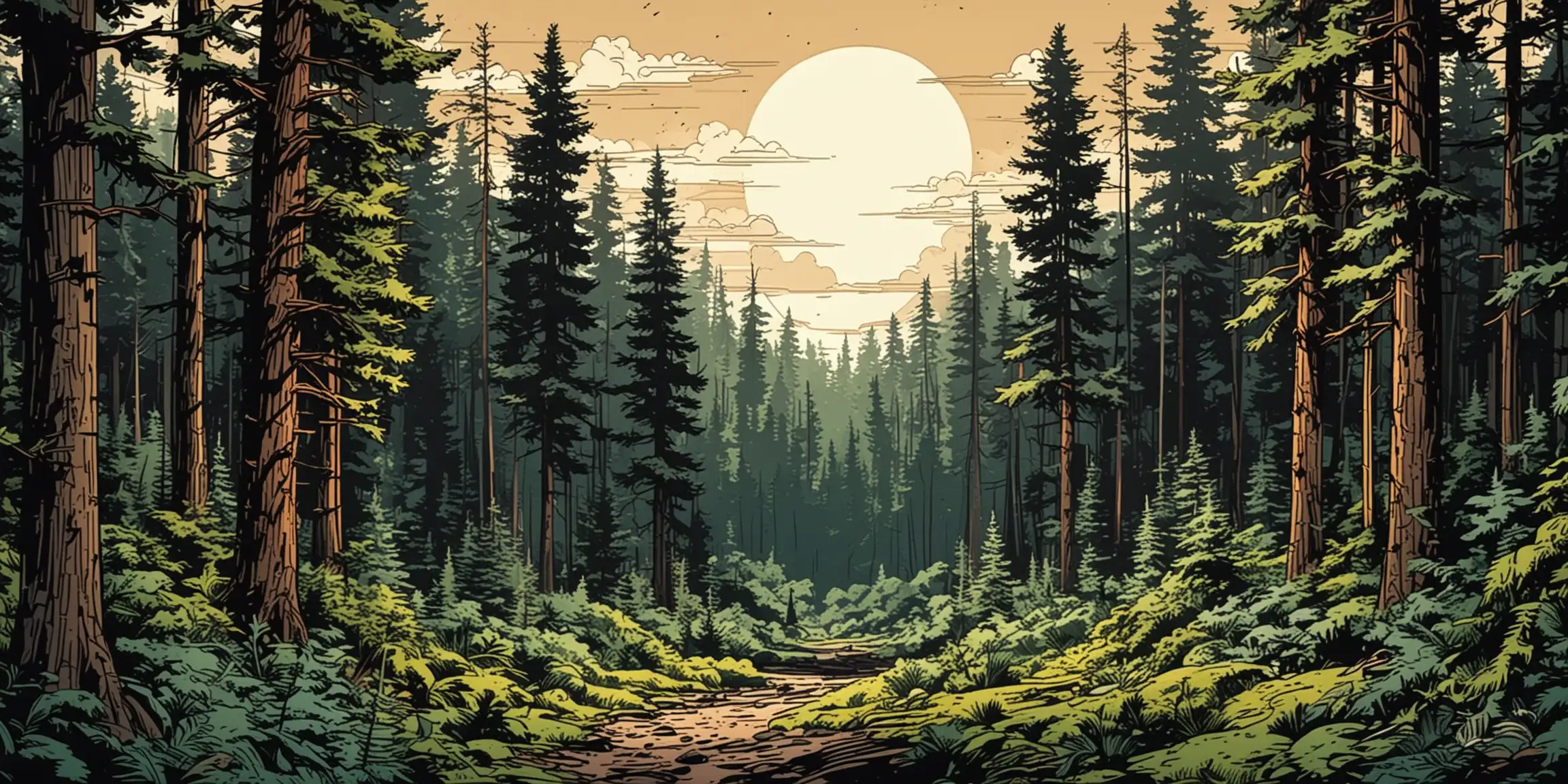 Comic book style:  A lush forest with pine trees.  Flat profile