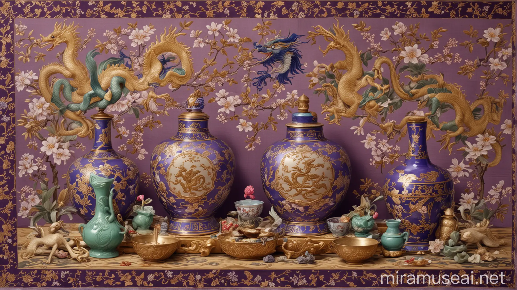 我将提供如下素材，请提取相关特征为我绘制一幅基调为紫金红色的反映17世纪中国与法国交往的画面，其中，左下角为清的图腾龙，点缀着玉杯、折扇、梅花碗、花鸟图挂毯、绸缎和青釉玉香水瓶，背景为孔子和成吉思汗，画面的右上角为法国皇室的象征百合花，点缀着西洋钟表和望远镜，背景为伏尔泰，龙与百合花相互呼应，交界处是太阳王路易十四致康熙的信和《中华帝国全志》