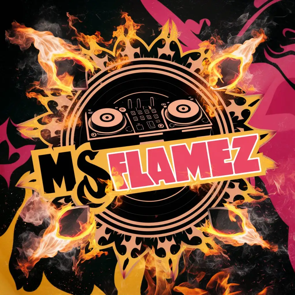 logo design,with the text: MsFlamez, main symbol: dj controller, hippie,real fire,background, fire, black,pink,yellow