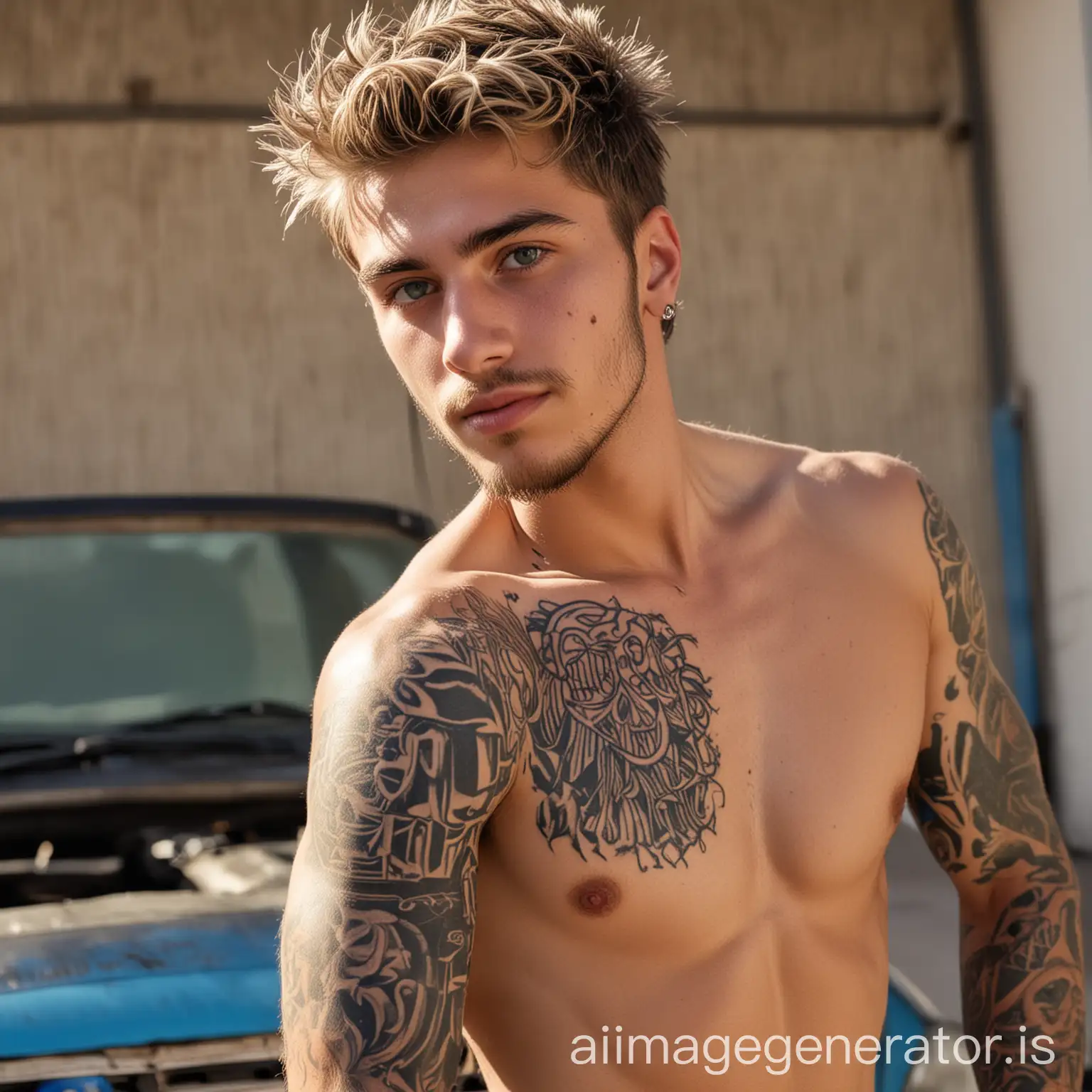 A shirtless Spanish Guy with a lot of tattoos 18 years old.
Car mechanic.
a lot of body hair.
light blonde with a short beard.
blue eyes
Sun tan